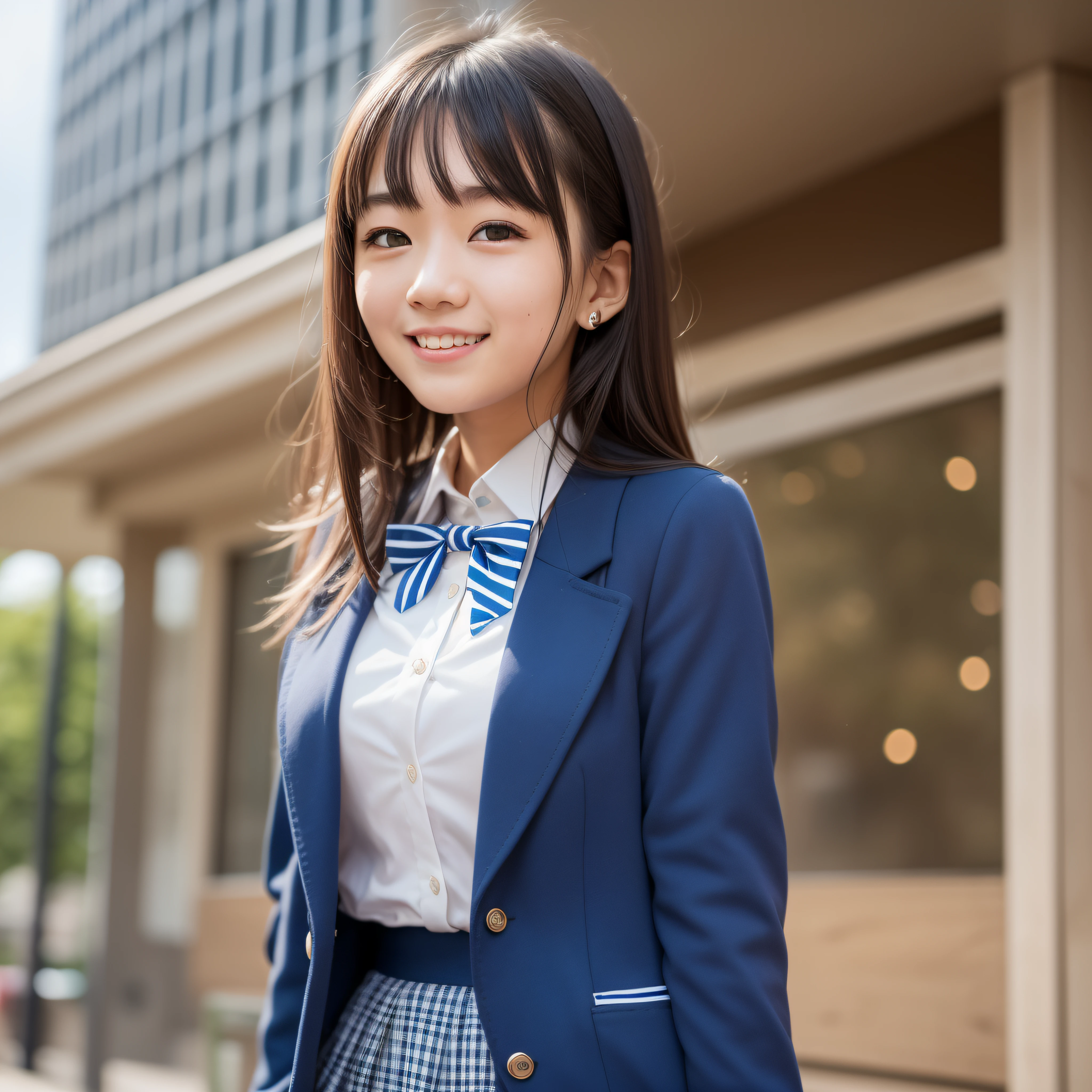 18 years old, girl, high school student, Japan uniform, dark blue blazer, white blouse, dark blue and white striped bow tie, park square, blue sky, green grass, cute smile, black hair, detailed photo, dark blue mini skirt
