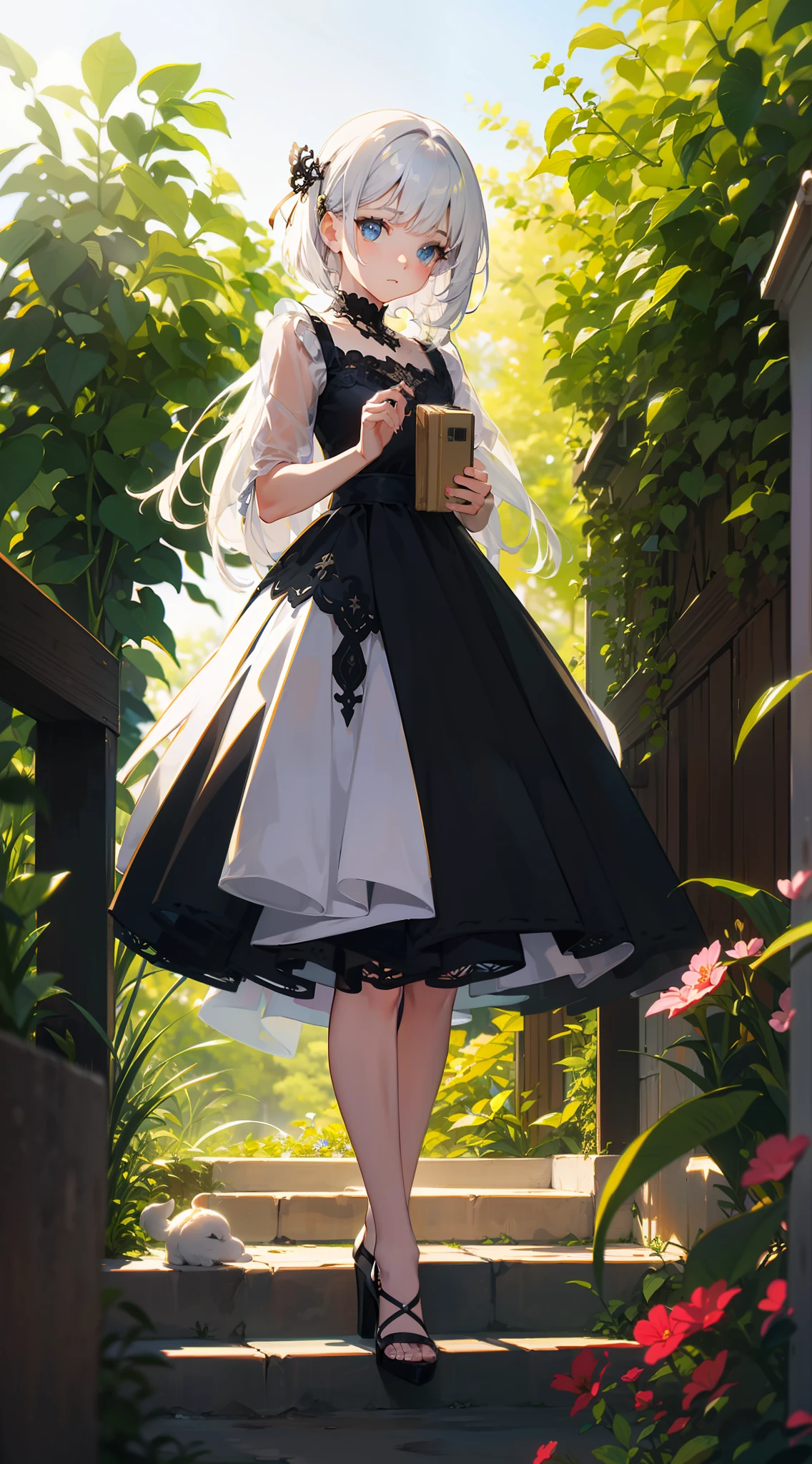 Cinematic Effects, Fancy Effects, Intricate Details, Solo, 1 Maiden, (2D + Crooked Bob: 1.2), Delicate Eyes, Dress, Garden, Ultra Wide Angle Lens, Sunlight, Light and Shadow, Religious, Holy, White and Tender Complexion, Quiet ,,,, Afternoon, Long Hair, Purity