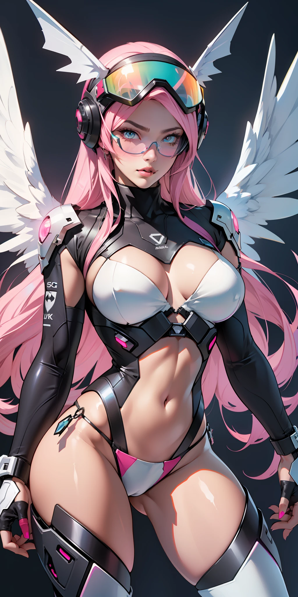 ((ultra high resolution 8k)) the most beautiful girl,the most beautiful of all, pink lips,Digimon\(Angewomon\), transparent fiber helmet, ((/cas with transparent blue lenses/)),sexy outfit,\(angewomon\),1girl,solo,large_breasts, cyberpunk, pastel colors,add effect at the end