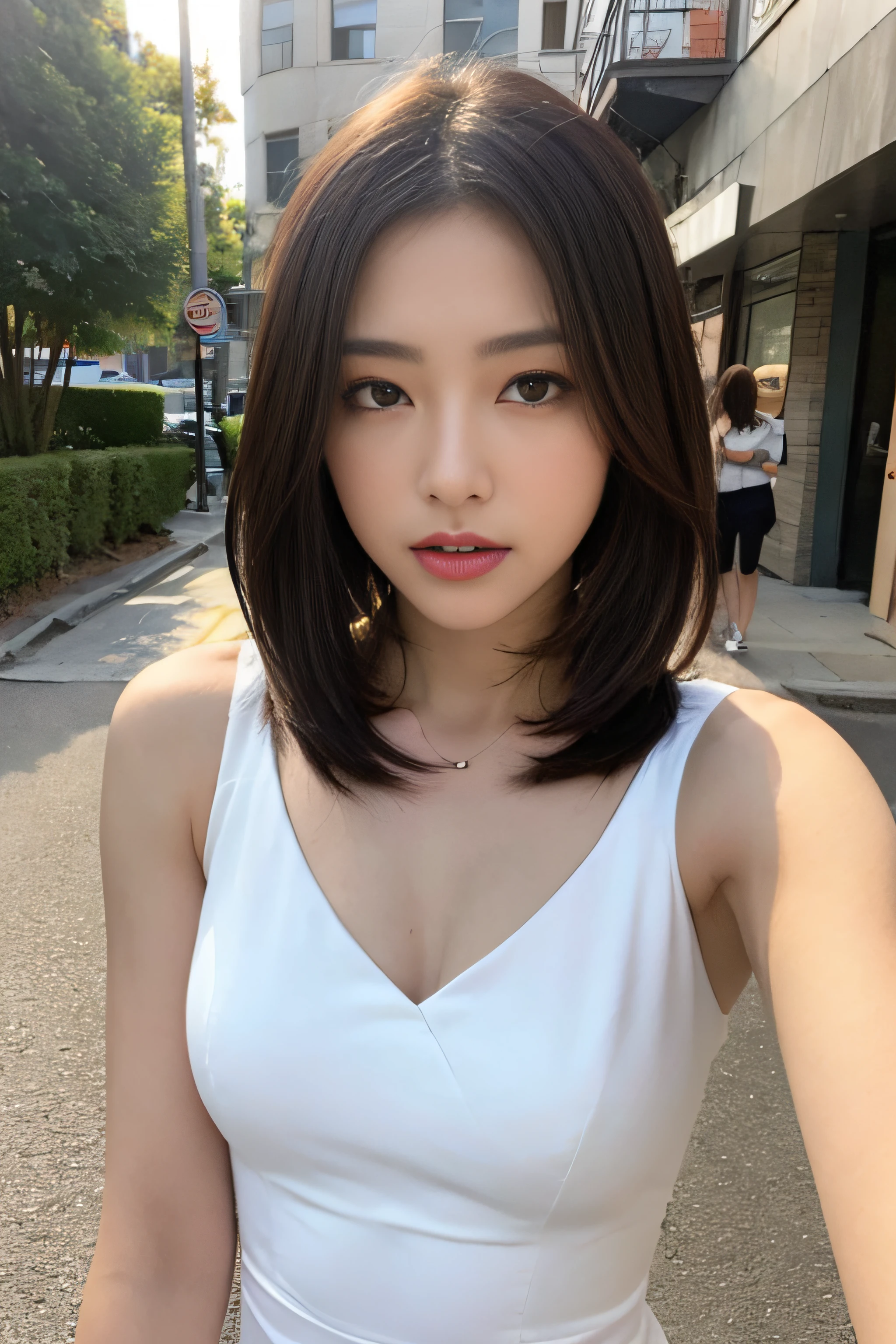 ((realistic lighting, top quality, 8K, masterpiece: 1.3)), focus: 1.2, 1woman, perfect figure: 1.4, slim abs: 1.1, ((dark brown hair)), (white dress: 1.4), (outdoor, night: 1.1), city street, ultra-fine face, fair eyes, double eyelids, smoking cigarettes,