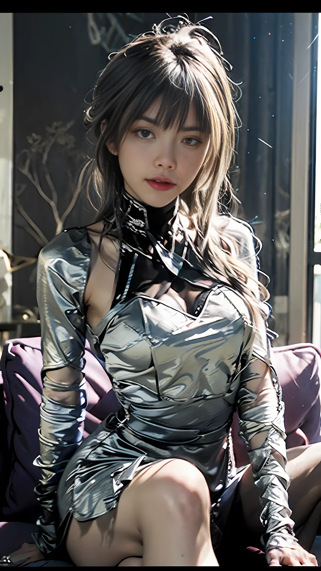 (Extreme Detail CG Unity 8K wallpaper, masterpiece, highest quality), (Exquisite lighting and shadow, highly dramatic picture, Cinematic lens effect), a girl in a white Spider-Man costume, silver gray hair color, from the Spider-Man parallel universe, Wenger, Marvel, Spider-Man, sitting on the couch, dynamic pose), (excellent detail, excellent lighting, wide angle), (excellent rendering, enough to stand out in its class), focus on white Spider-Man costumes, complex spider textures