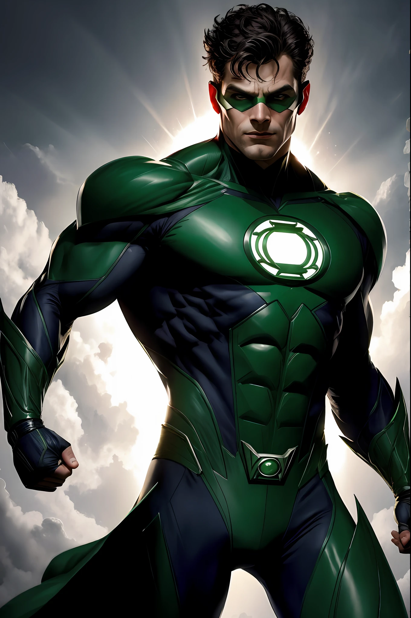 (16k, RAW photo, best quality, masterpiece: 1.2), ultra-detailed, formal art, photorealism: 1.37, upper body photo, DC Green Lantern superhero man, film grain, action pose