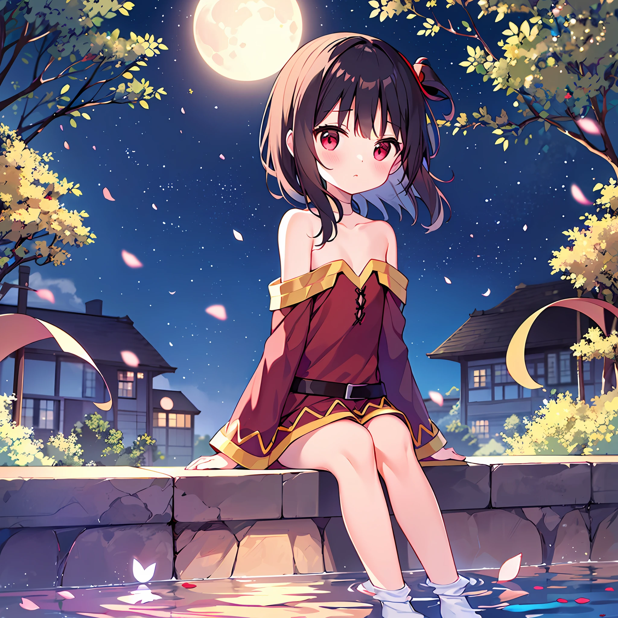 (sitting), small, (bow), (black hair), (short hair), (red eyes), stars in the eyes, hair ornament, (blush), bangs, (a _megumin_konosuba in[(evening dress):(((no socks))):0.4]: 1.2), (bare shoulder), collarbone, (white thighs: 1.2), ruffled sleeves, looking at the viewer,[(night: 1.2),peaceful,sky,((full moon)),stars,(in a courtyard),house,drop of water,pond, (near the pond),tree, flower request, wind: : 0.6], (light refraction lridescent), (floating pink petals: 1.2), (fairy butterfly), dreamer