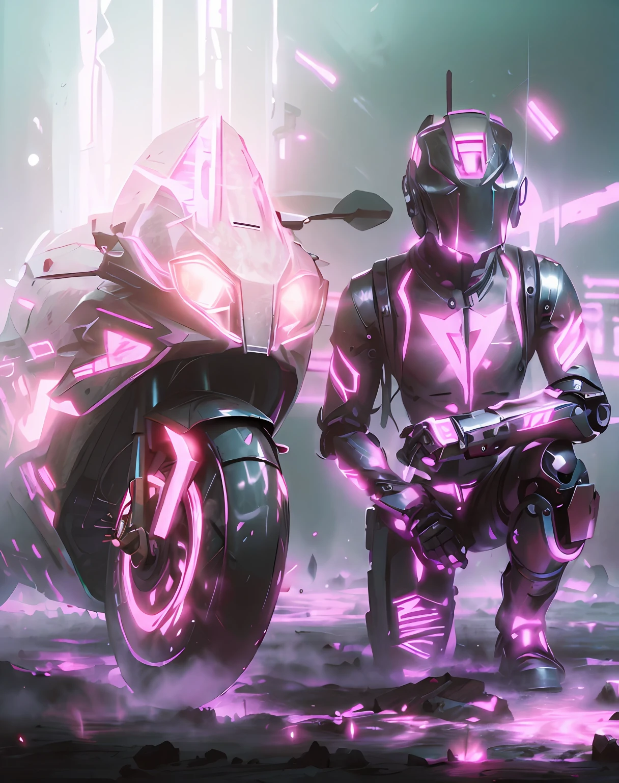 Pink and white glow, (1 mechanical boy), solo, underground garage background, mecha helmet, robot, racing suit, mechanical joints, ((ultra-realistic details)), portrait, global illumination, shadows, octane rendering, 8k, super sharp, metallic, complex, ornament detailed, cool color, egypt detail, highly complex detail, realistic light, trend in cgsociety, neon detail
