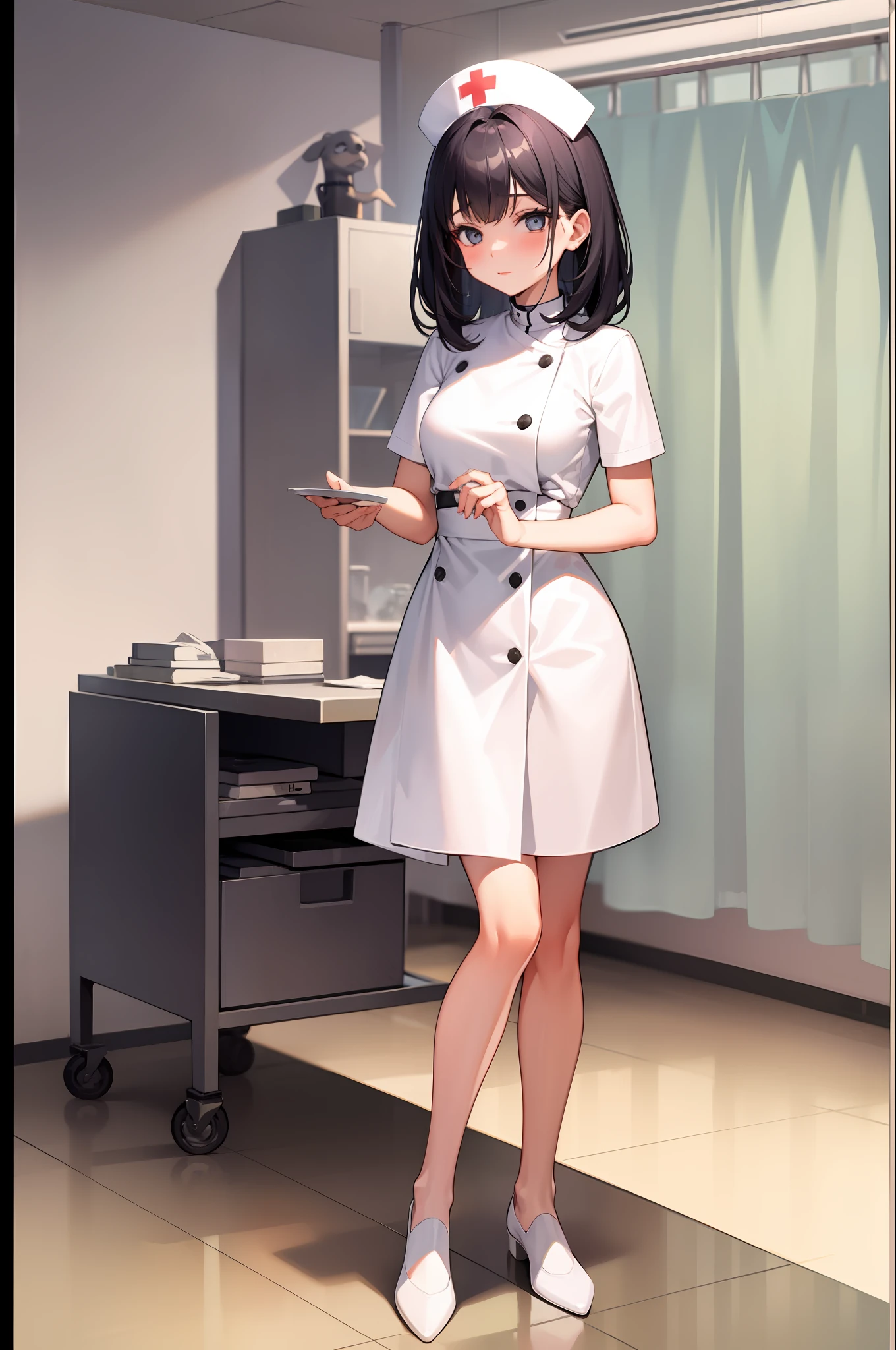 Infirmary, curtains, 1girl, full body, nurse, white dress, masterpiece, best quality, very detailed