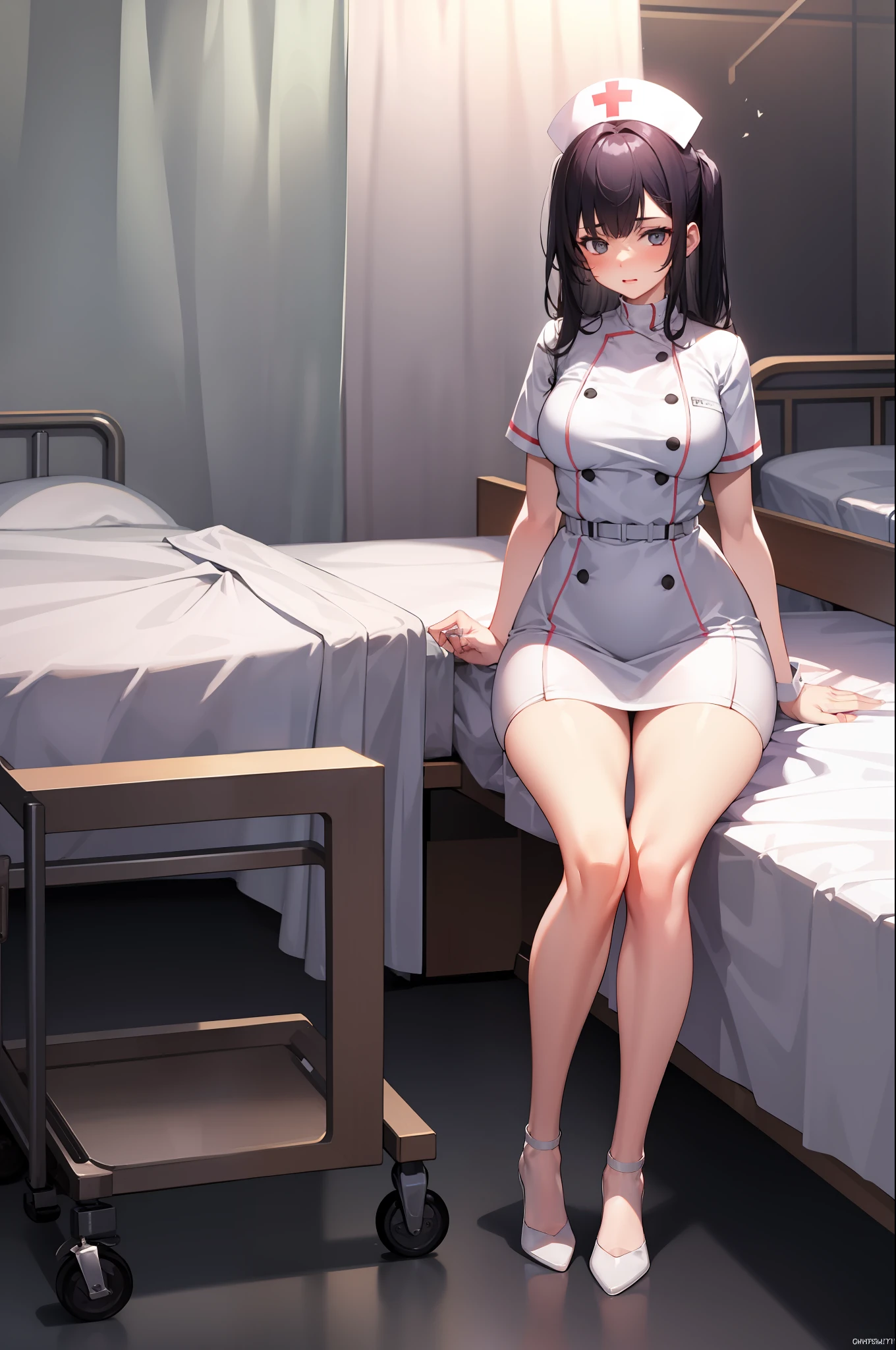 Infirmary, curtains, 1girl, full body, nurse, white dress, masterpiece, best quality, very detailed