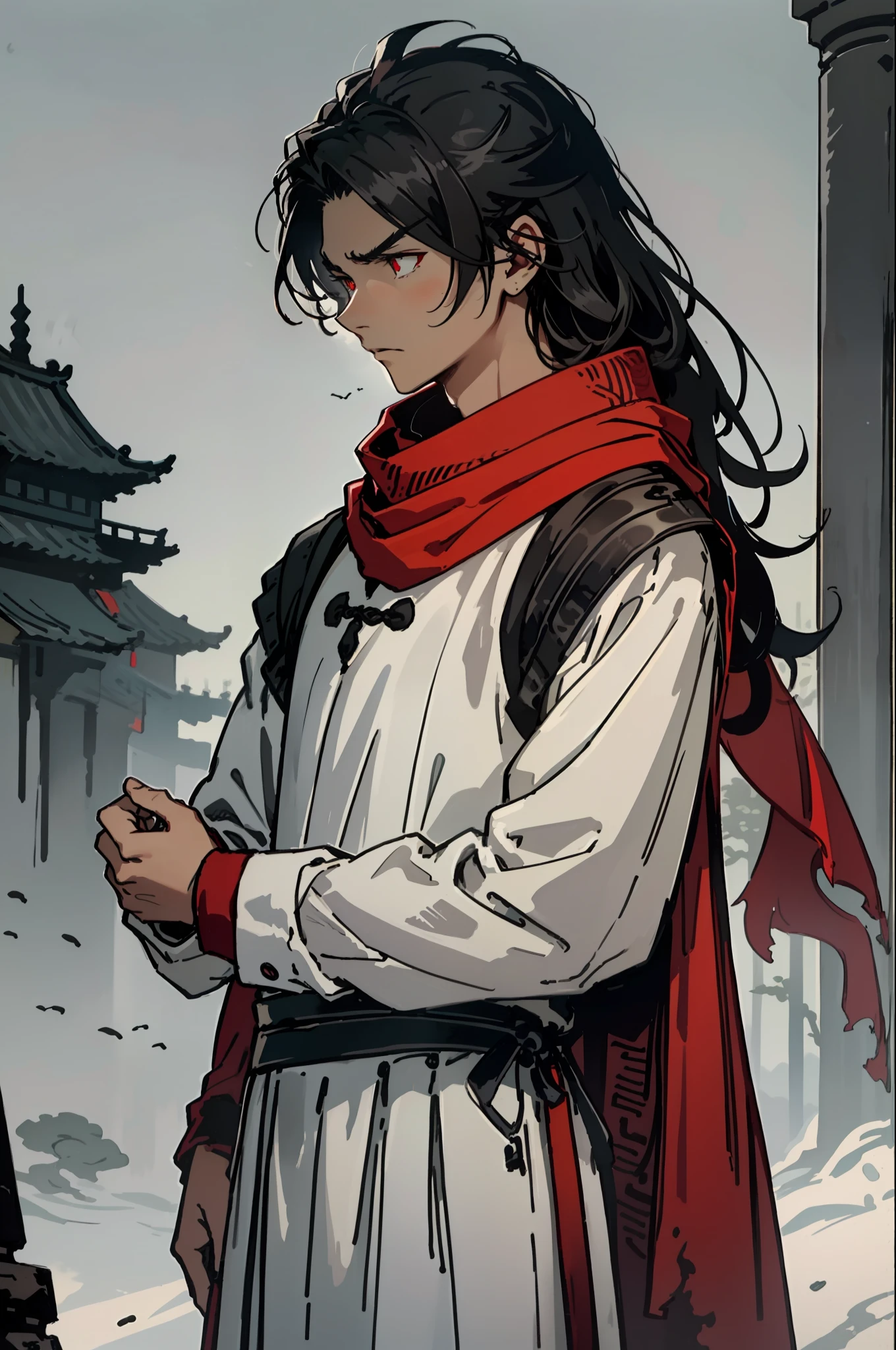 A young boy, or fifteen g boy, fourteen or fifteen yearsry thin and cial features, ancient Chinese, dressed in red, rarely speaks, long black hair, slightly murderous eyes, red eyes, the environment is bleak and dark, on the battlefield, the environment is gloomy, wearing a blue-red costume, angry, thin, very thin, a young boy, fourteen or fifteen years old