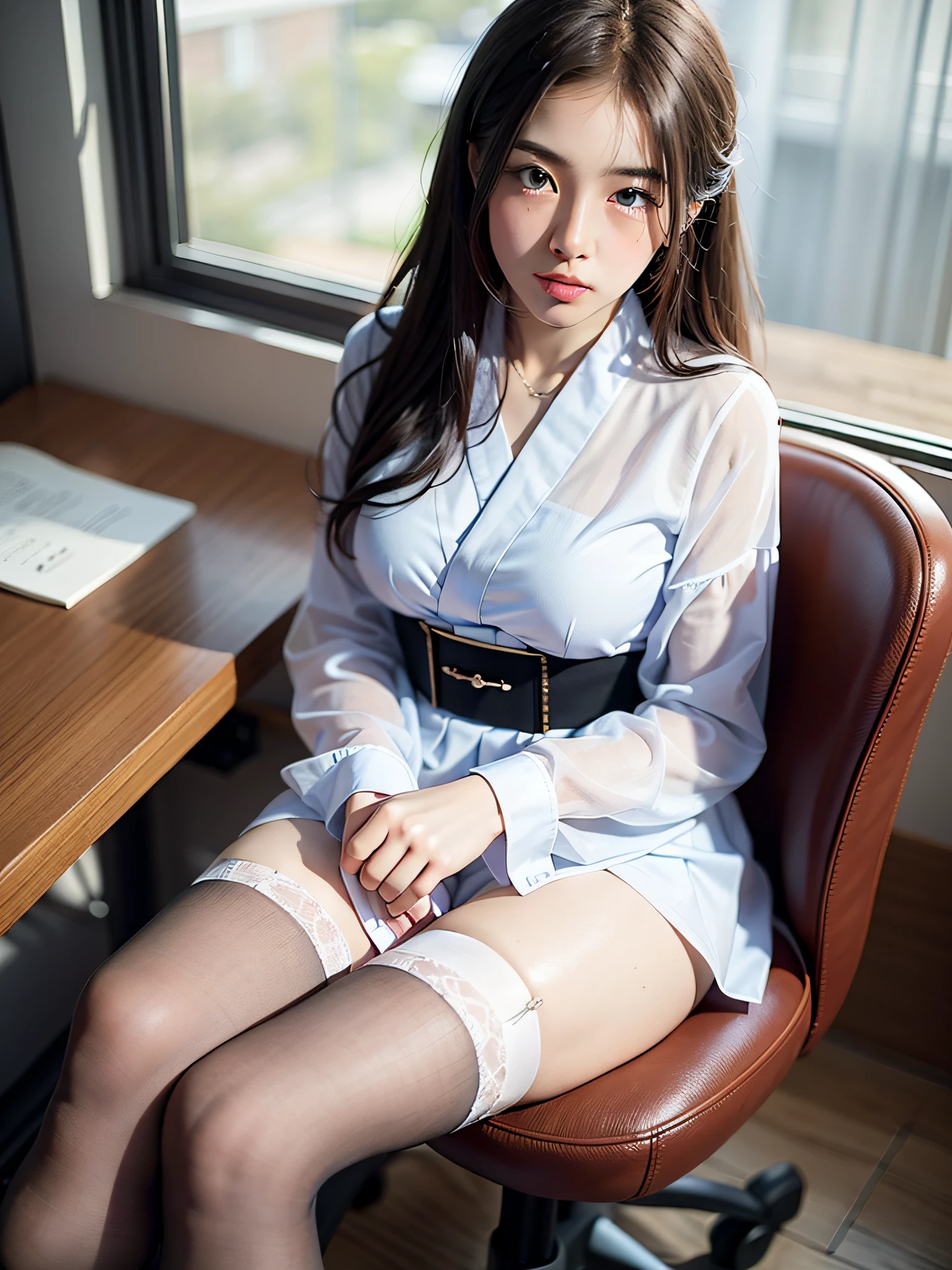 there is a woman sitting at a desk with her legs crossed, japanese model, sitting on a desk, sakimichan, on a desk, japanese school uniform, yasumoto oka, thighhighs and skirt, young sensual gravure idol, young pretty gravure idol, けもの, sakimichan hdri, a hyperrealistic schoolgirl