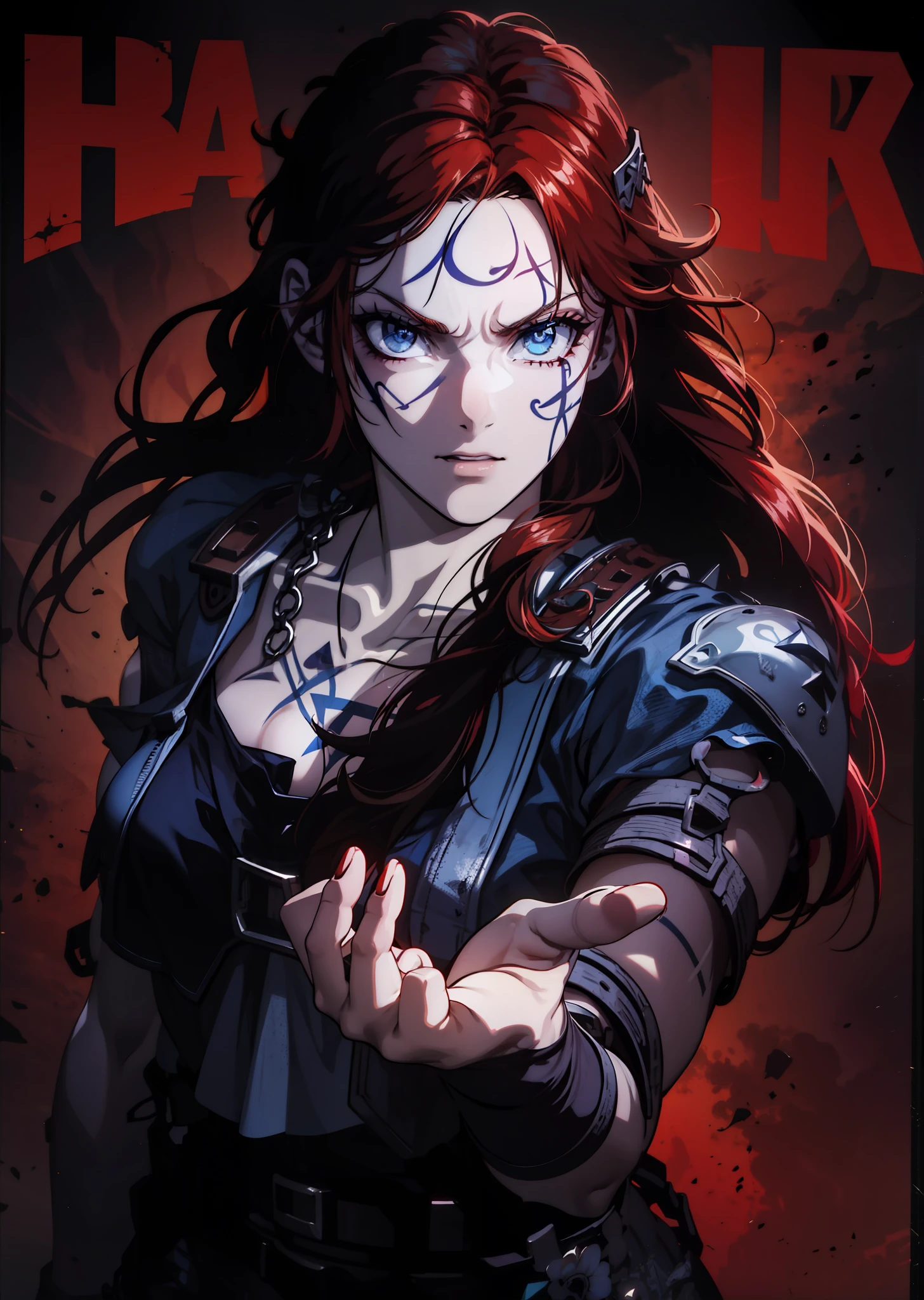 Boadicea, Red-haired Viking Undead warrior with gothic armor and rune tattoos on her face and blooming blue eyes, 4k