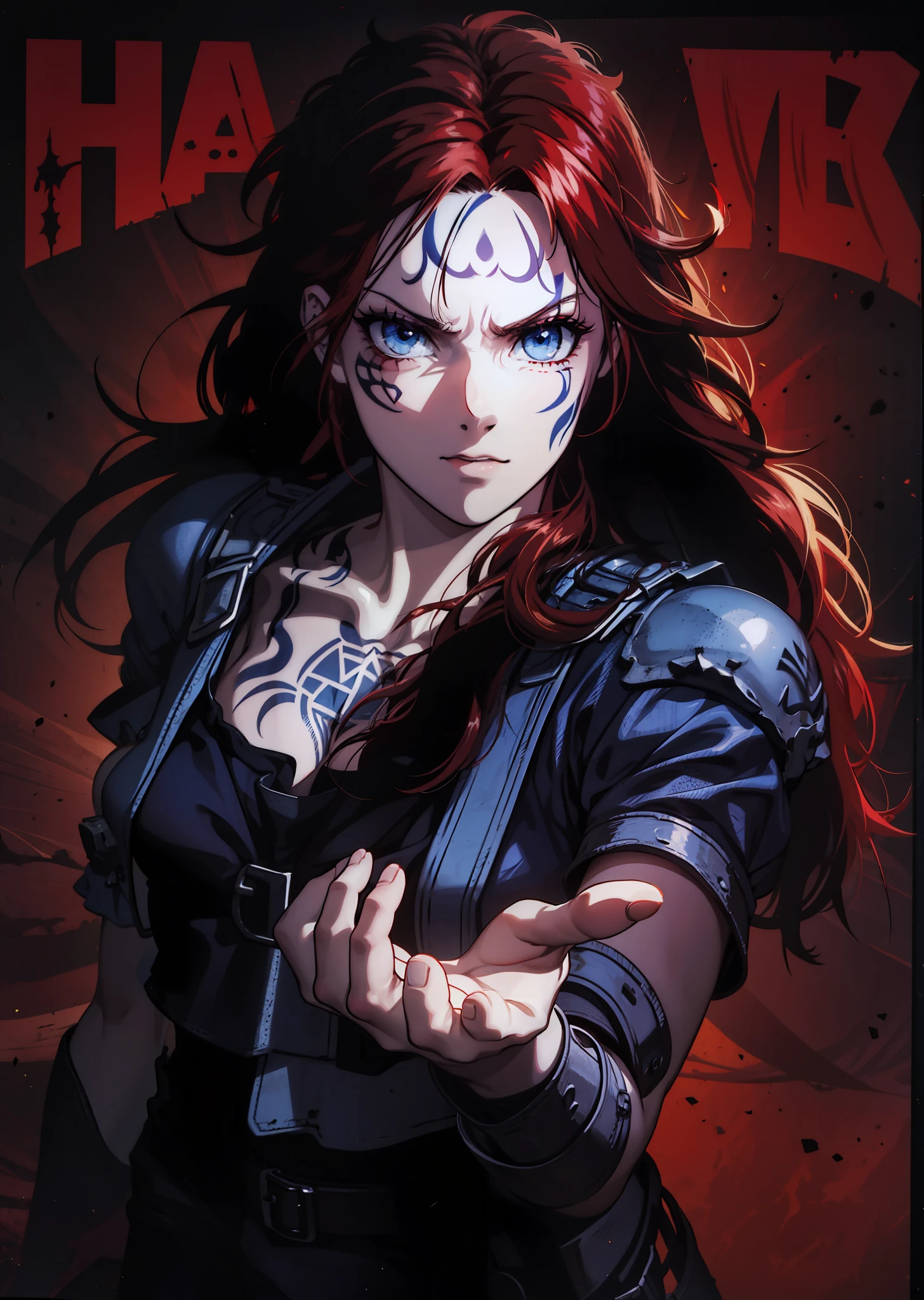 Boadicea, Red-haired Viking Undead warrior with gothic armor and rune tattoos on her face and blooming blue eyes, 4k