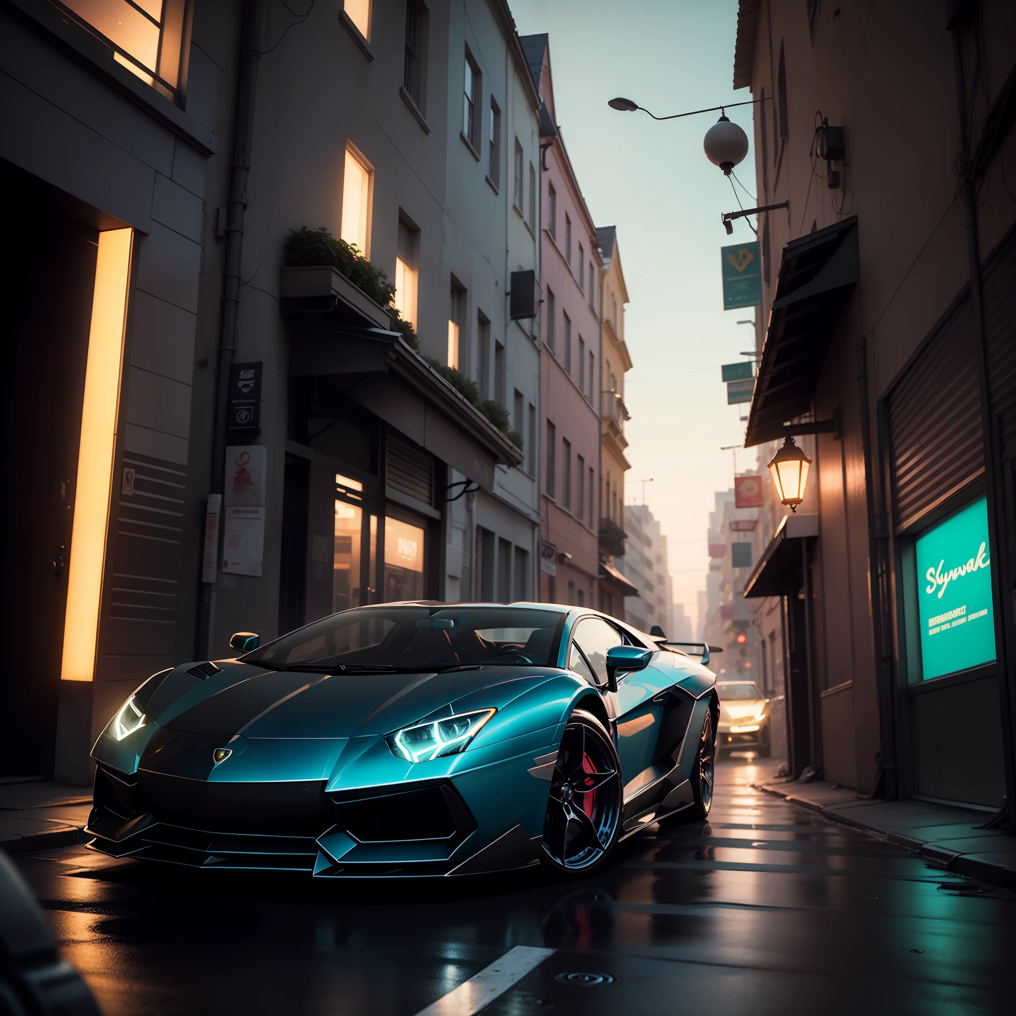 A Lamborghini Aventador in syberpunk street unreal neon lighting ; unreal ultra syberpunk sky