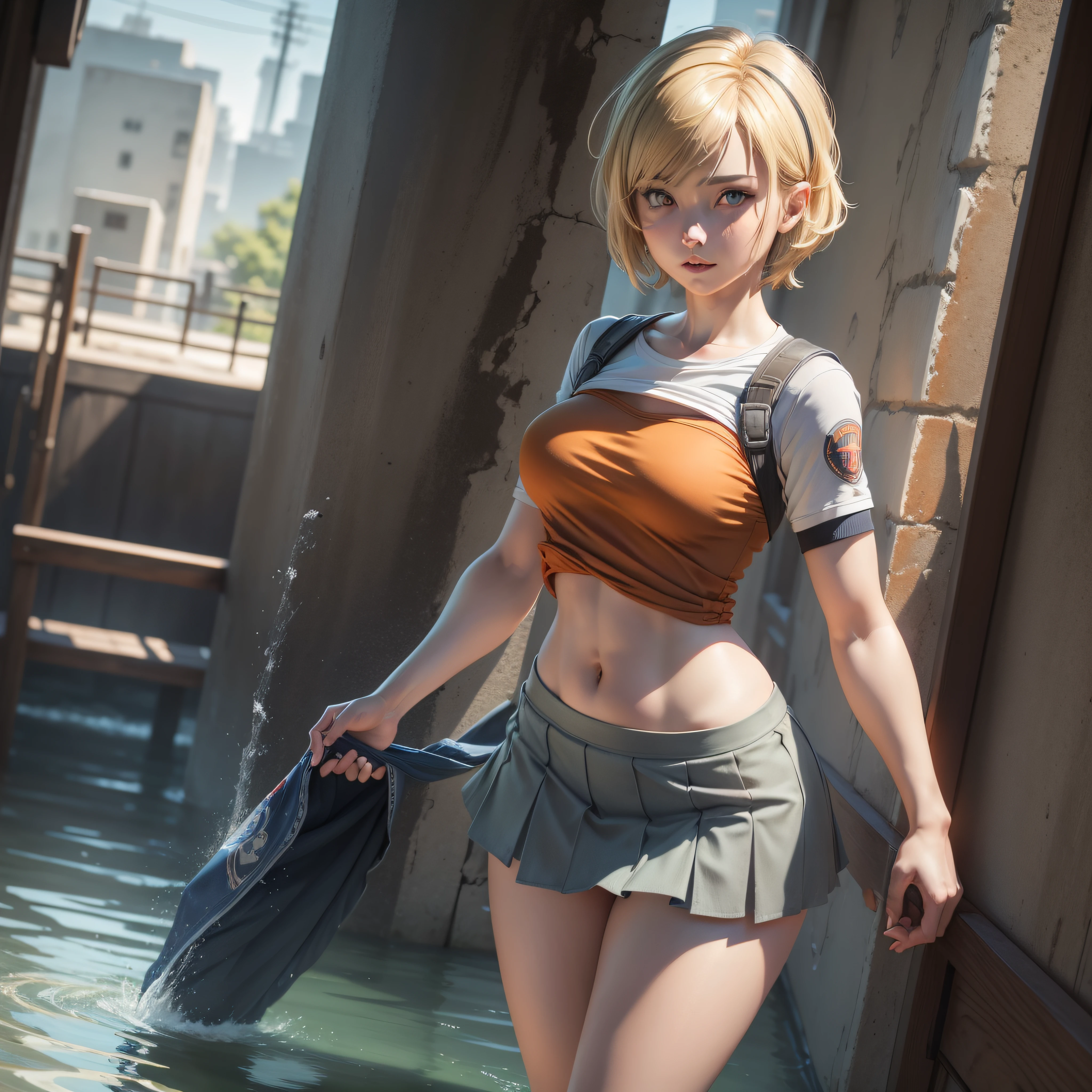 ((Cheryl Mason, blonde_hair, woolcuffs)), to8contrast style, semi-realistic, masterpiece, best quality, highres, 1girl, solo, (jacket, pockets:0.5, white_jacket:1.4, sleeveless, green_skirt, freckles, orange_turtleneck:1.4, blood:1.5), dark, (darkness:1.5), night time, indoors, short hair, adult, woman, (handgun:1.5, gun, holding_gun:1.3)