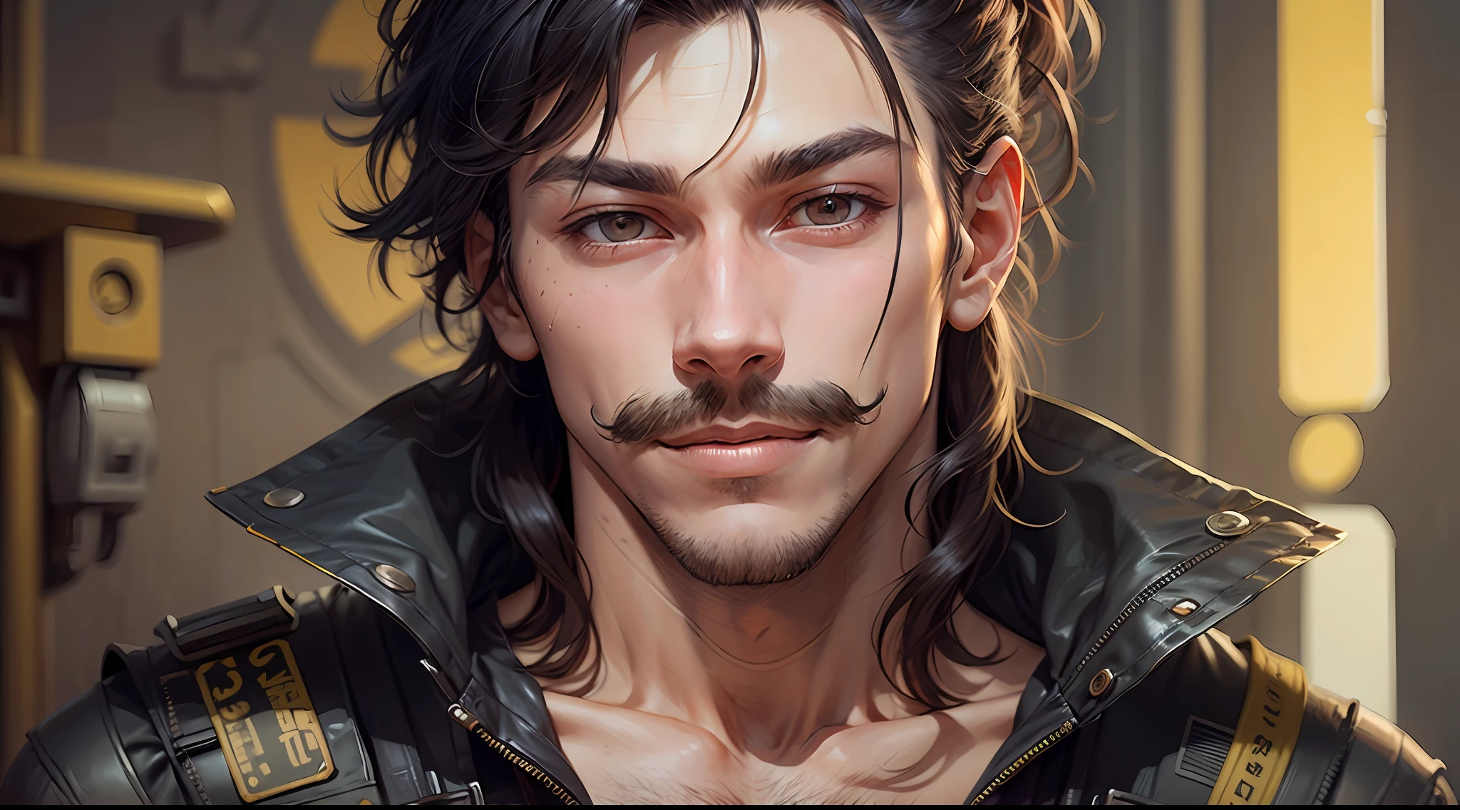 young man, lithe moustache without beard, sarcastic smile, mullet black hair, resistance member, bare chest with black vest open, sci-fi atmosphere, detailed portrait, dark brown eyes, korean manhwa style, high quality, rebelion, resistance. --auto --s2