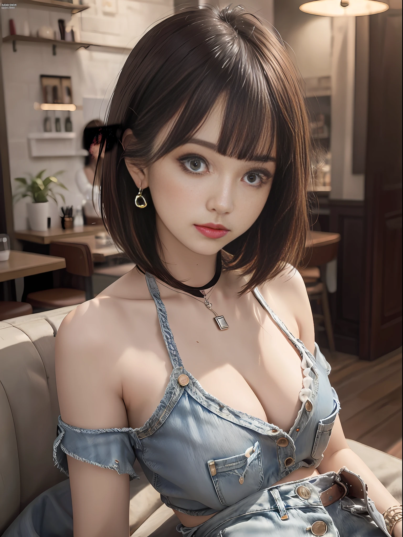 (8k, RAW photos, super high quality, super detailed CG Unity 8k wallpaper, masterpiece: 1.2), one girl, 3D, movie lighting, super beautiful detailed eyes, accurate shiny iris depiction, pupils are black and abyss, water-based humor shine, precise shading of hair, Delicate hair tips, ultra-detailed eyelashes, wearing small jewelry earrings, short hair, tank top, shoulder out, navel, Denim hot pants Looking at the viewer with tenderness and affection like a goddess, the precision of the shadows created on the clothes, beautiful texture,dchiaroscuro, professional make-up, realistic, fashionable coffee shop with many antique accessories