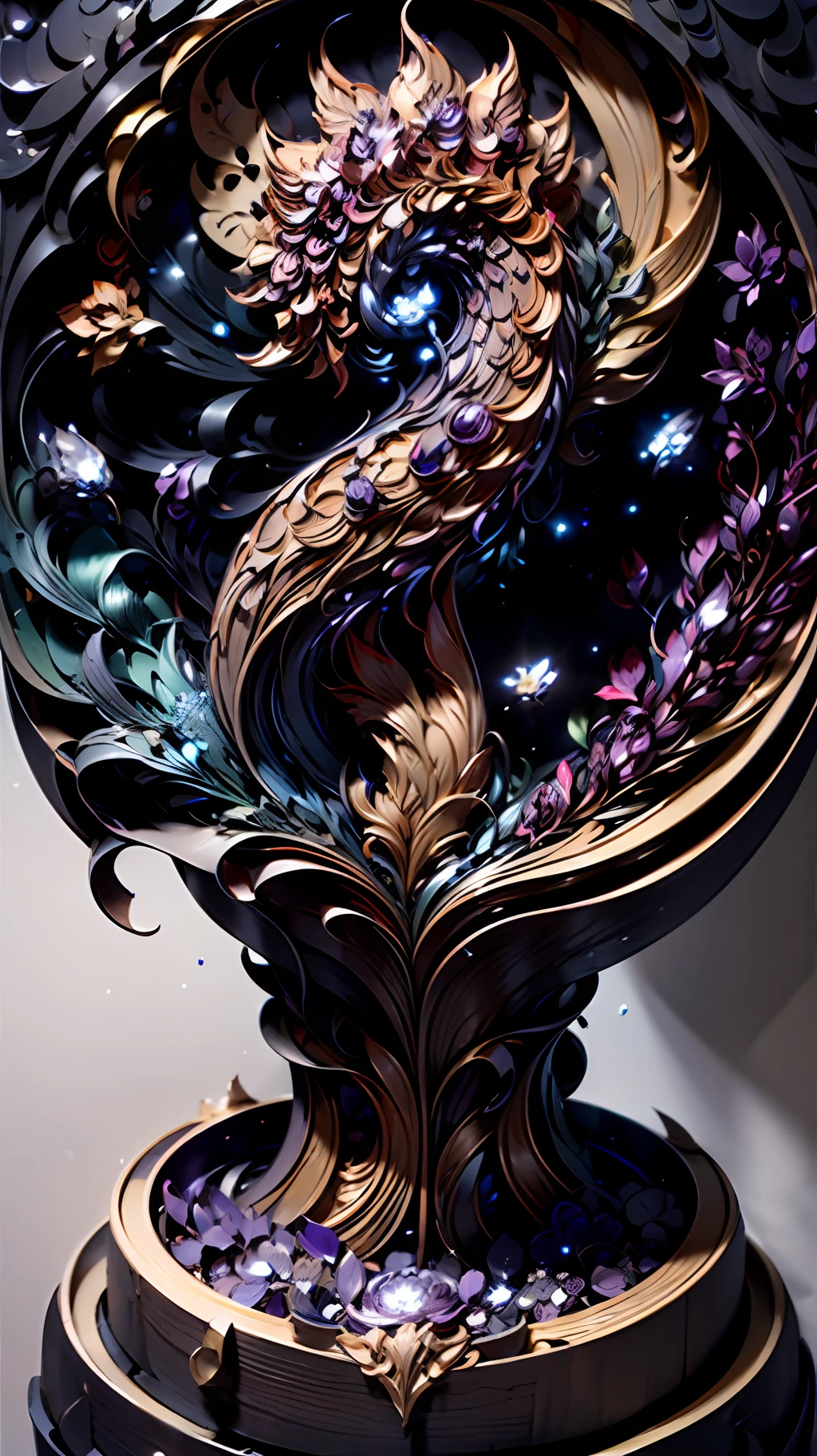 (RAW photo, ultra high quality:2),(bird's eye view),(panoramic view),(impressionism),(consciousness), ((stillness)), a bronze statue of an ancient wise man (((radiating))), BREAK perched [[introspectively]]] on a tall oval pedestal carved from amethyst geode [bronze : 0.7] AND [amethyst : 0.3], surrounded by ethereal swirls of purple mist ((emanating)) from within the hollow geode