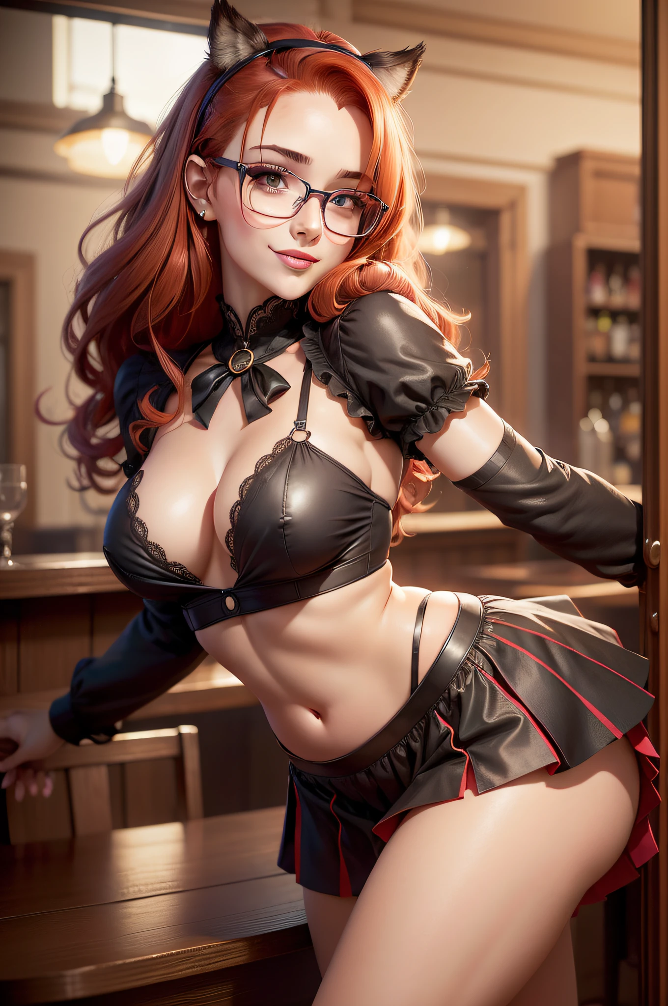 ((two people in the scenes)), half-rabbit girl, maid's uniform, extremely short skirt, wearing thin-framed round glasses, red hair, and a strong man, wearing a suit, hugging the woman from behind and groping her breasts)), ((small chest, big neckline, 18-year-old girl, beautiful, northern European girl face)), ((big breasts, big neckline showing a nipple)). Full body image. Photorealistic face, realistic, realistic eyes, smile.  In the background bar type English Pub,(high resolution:1.0), beautiful lighting, perfect lighting, realistic shadows, [highres], detailed skin, ultra-detailed, legs open, forward bent position, thighs, (beautiful long red hair), soft navel, soft belly, soft back, angle from above, blush, photorealistic, realistic face, realistic eyes, malicious smile (((realistic style))) ((neckline))), (eyeliner), (mascara).
