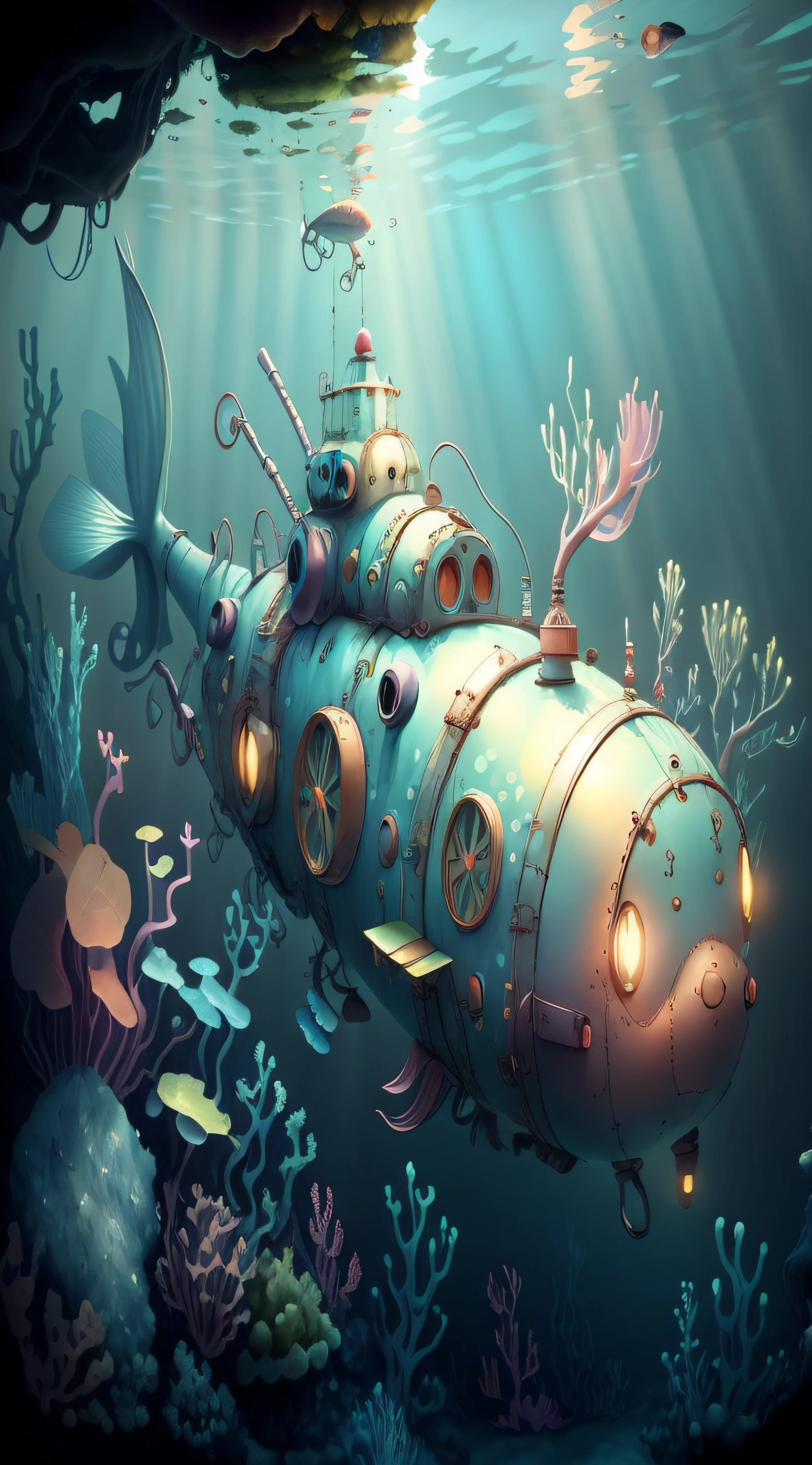 underwater scene with a submarine and a fish in the ocean, steampunk submarine!, detailed steampunk illustration, giant submarine, in style of cyril rolando, inspired by Cyril Rolando, high quality steampunk art, a beautiful artwork illustration, submarine, cyril rolando and m. w kaluta, cyril rolando and m.w kaluta, steampunk illustration