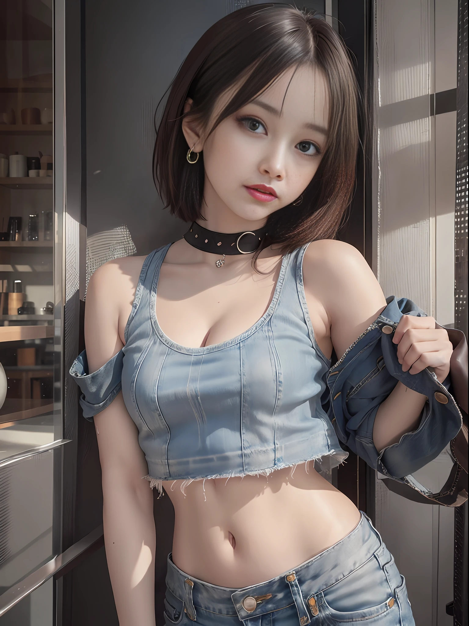(8k, RAW photos, super high quality, super detailed CG Unity 8k wallpaper, masterpiece: 1.2), one girl, 3D, movie lighting, super beautiful detailed eyes, accurate shiny iris depiction, pupils are black and abyss, water-based humor shine, precise shading of hair, Delicate hair tips, ultra-detailed eyelashes, wearing small jewelry earrings, short hair, tank top, shoulder out, navel, Denim hot pants Looking at the viewer with tenderness and affection like a goddess, the precision of the shadows created on the clothes, beautiful texture,dchiaroscuro, professional make-up, realistic, fashionable coffee shop with many antique accessories