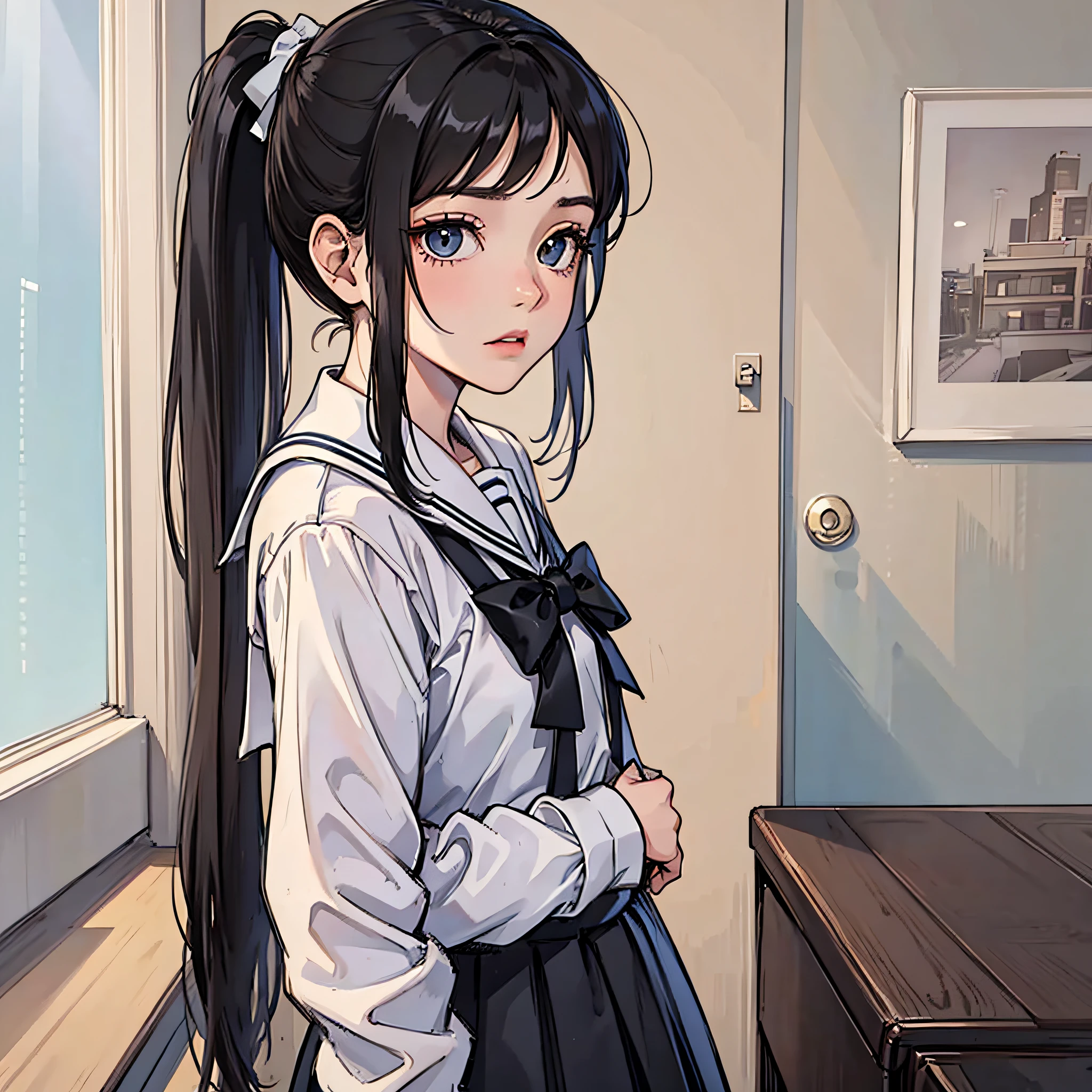 A little girl with a black ponytail, wearing a white school uniform, stood in the room, with a dull expression, looking at the camera, next to the sofa