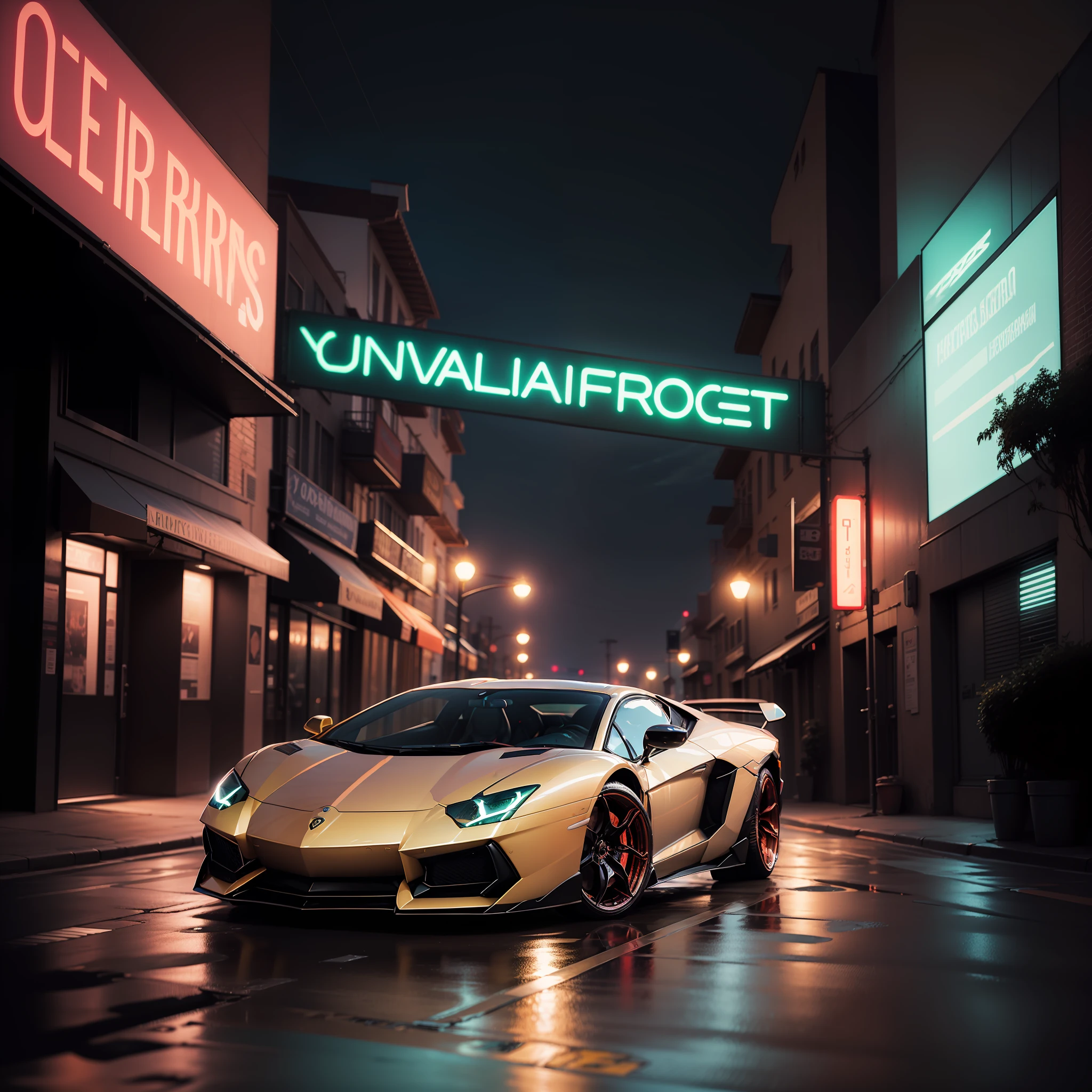 A Lamborghini Aventador in syberpunk street unreal neon lighting ; unreal ultra syberpunk sky