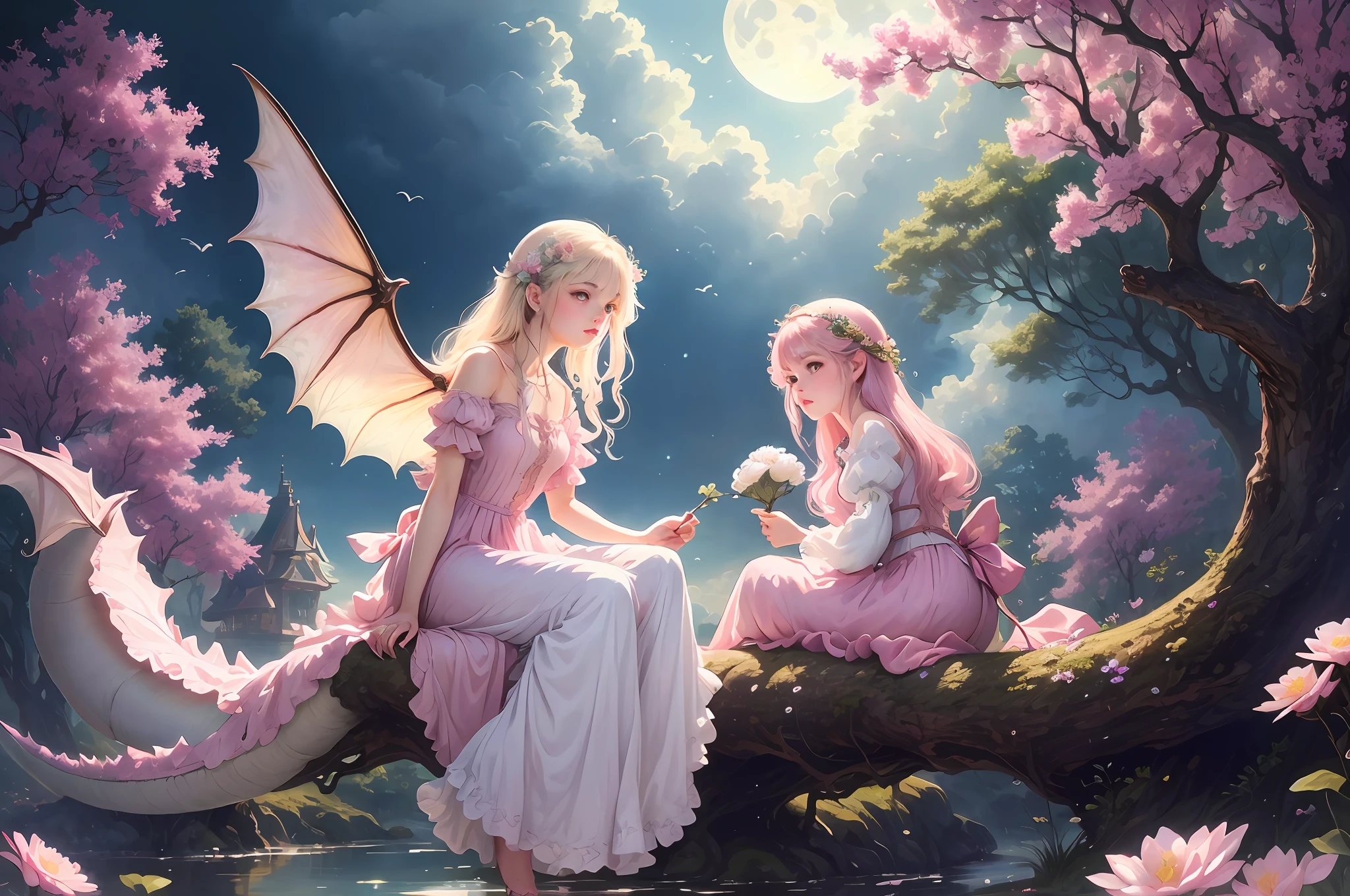 ((best quality)), ((masterpiece)), (detailed), ethereal beauty, perched on a tree in pink bloom, (fantasy illustration: 1.3), charming look, captivating pose, lonely girl, along with fairy caring for the flowers, Gnomes, Sylphs, Salamanders, Undines, supernatural charm, beautiful blue mystical sky, (Luis Royo:1.2), (Yoshitaka Amano:1.1), moonlit night, soft colors, (detailed cloud:1.3), (high resolution:1.2) (dragon flying in the sky) long white dress, Legs dangling above the pond, long Victorian dress. Cartoon