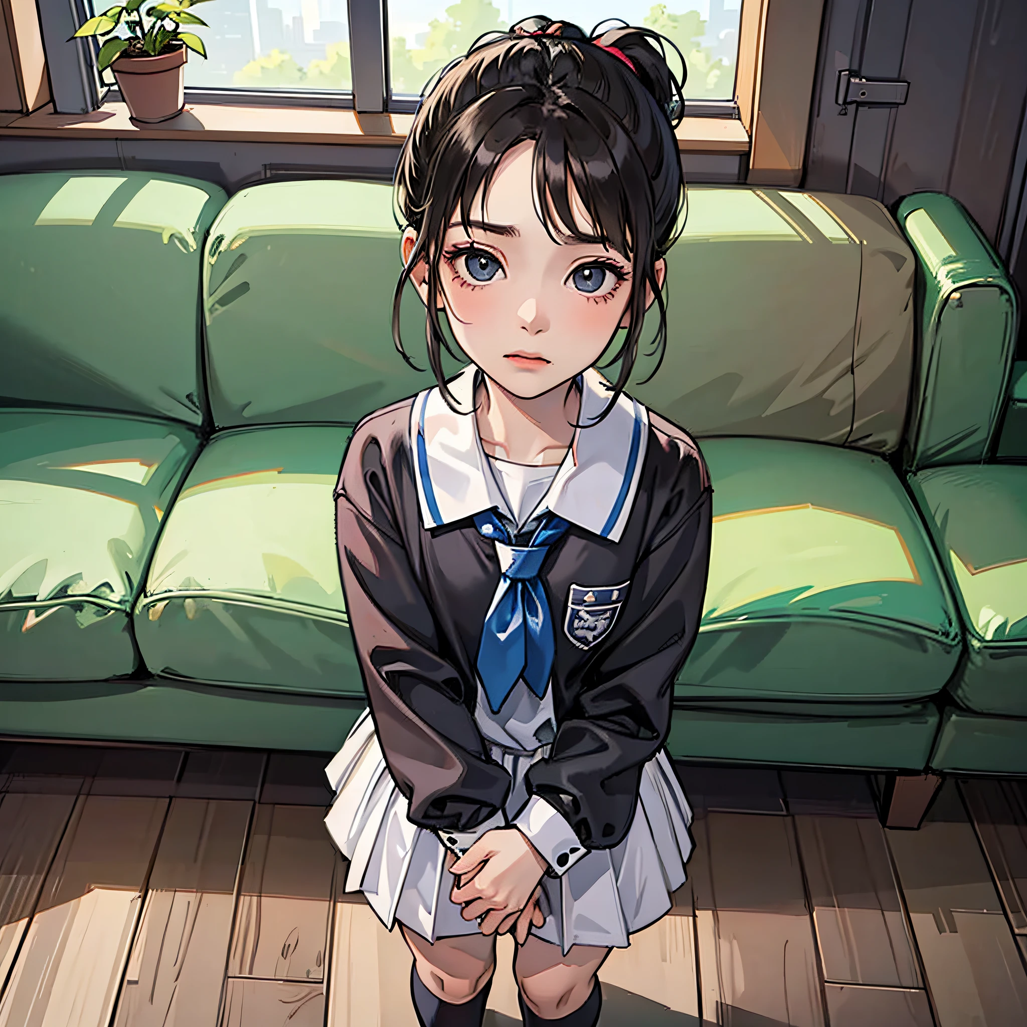 A little girl with a black ponytail, wearing a white school uniform, stood in the room, with a dull expression, looking at the camera, next to the sofa