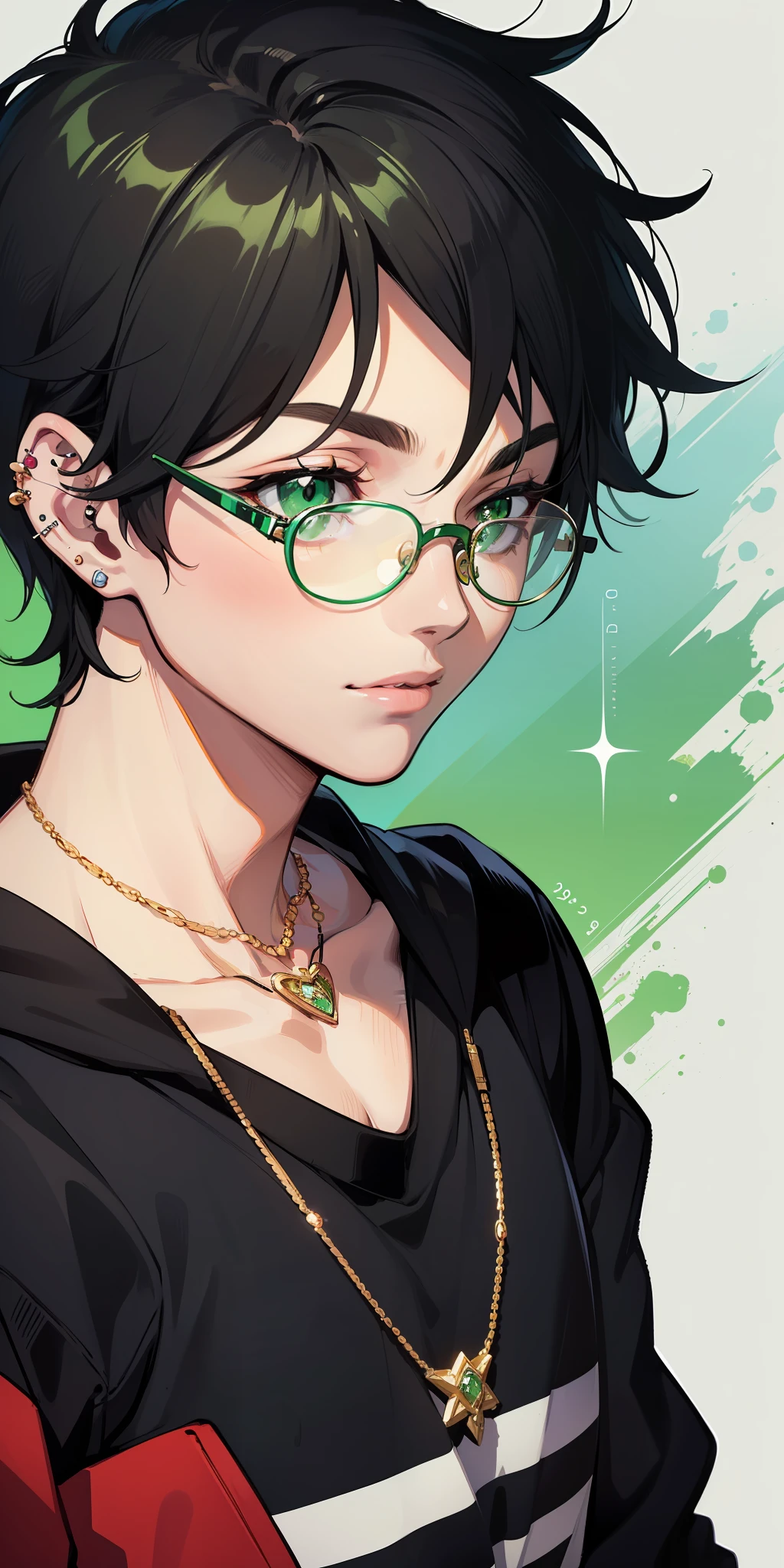 ((masterpiece)), ((best quality)), ((anime profile style)), 20 year old boy, ((light green eyes)), ((perfect)), ((glasses)), eyebrow , nose, ear, ((ear piercing)), mouth, ((short black hair messing up)), neck, shoulders, arms, ((sweatshirt)), (neck chain),