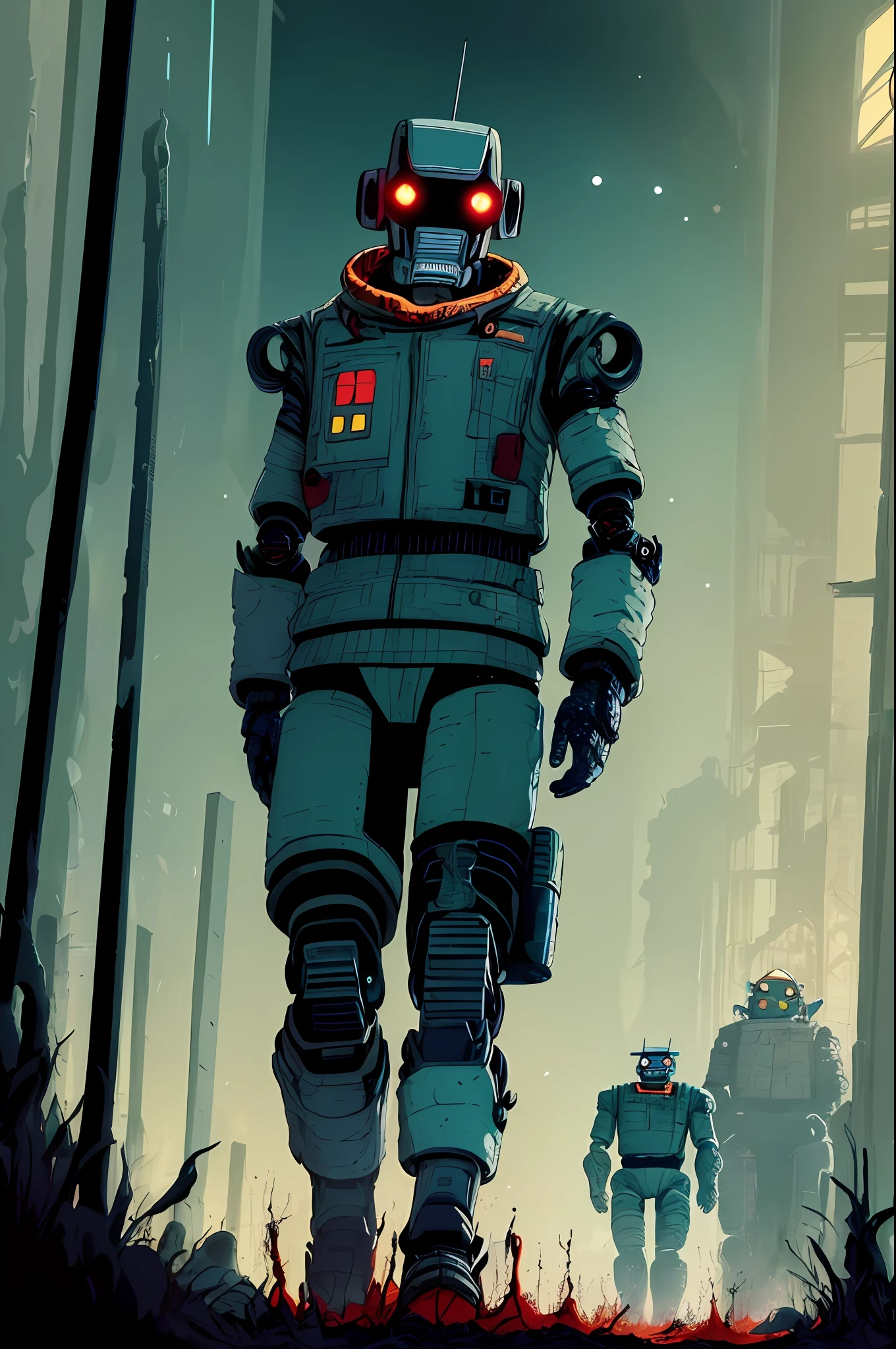 Man in prisoner costumes being escorted by two robots to a cell, war, horror, cosmic terror, dark tones, morbid atmosphere, nuclear disaster, dystopia, blood, Apocalypse, Robot, by Kilian Eng