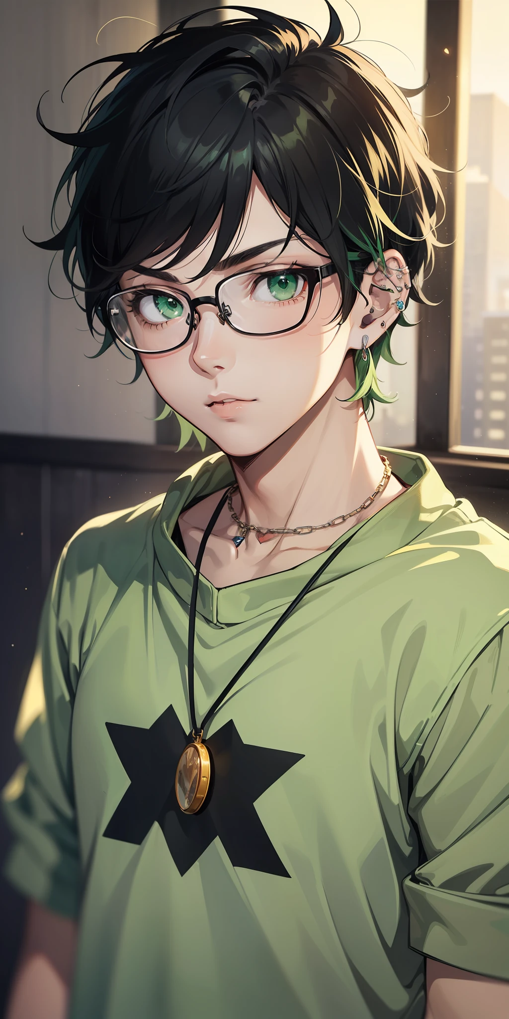 ((masterpiece)), ((best quality)), ((anime profile style)), 20 year old boy, ((light green eyes)), ((perfect)), ((glasses)), eyebrow , nose, ear, ((ear piercing)), mouth, ((short black hair messing up)), neck, shoulders, arms, ((sweatshirt)), (neck chain),
