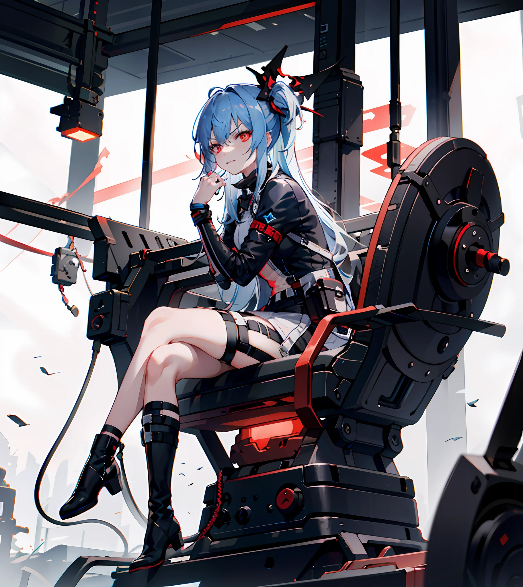 Best quality, 1 girl, solo, blue hair, red eyes, dark environment, disdain, sitting, looking up, sick, dark, blackened, blackened, blackened, frontal, bored expression, boots, sick, sneer, fear, big miss, arrogant