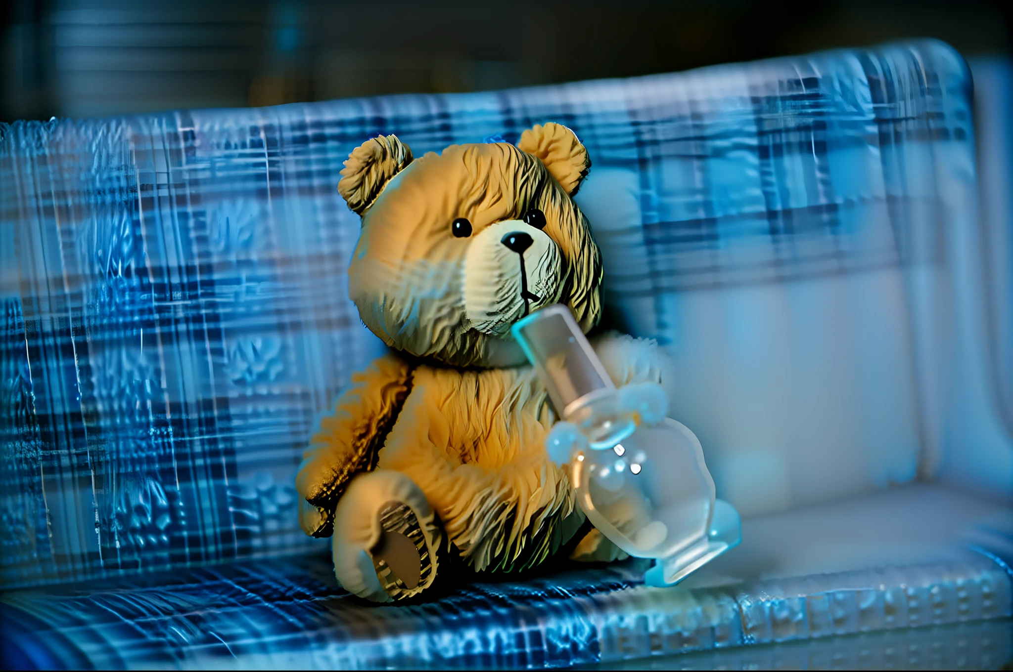Small teddy bear sitting on blue sofa, soft vinyl, toy photo, teddy bear, toy commercial photo, teddy fresh, toy photo, 1/200 second, taking smoke break, teddy bear has super detailed glass pipe, 1/320, bear brick, stop motion character, stop motion vinyl figure, smoke: 6