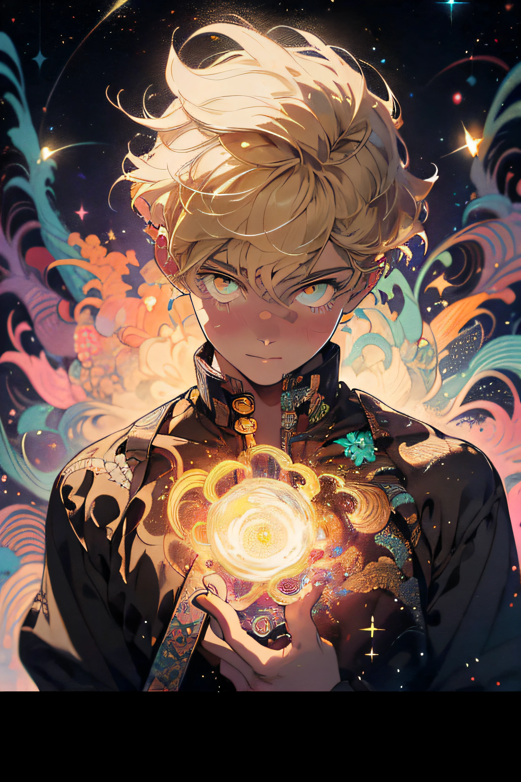 Realistic, (Masterpiece, Superior Quality, Best Quality, Official Art, Beauty and Aesthetics: 1.2), Very Detailed, Fractal Art, Colorful, More Detailed, Zentangle, (Abstract Background: 1.5) (1boy: 1.3), God, Blonde Hair, Short Hair, (Bright Yellow Eyes), Mysterious, (Magic), Starry Sky, Beautiful Man