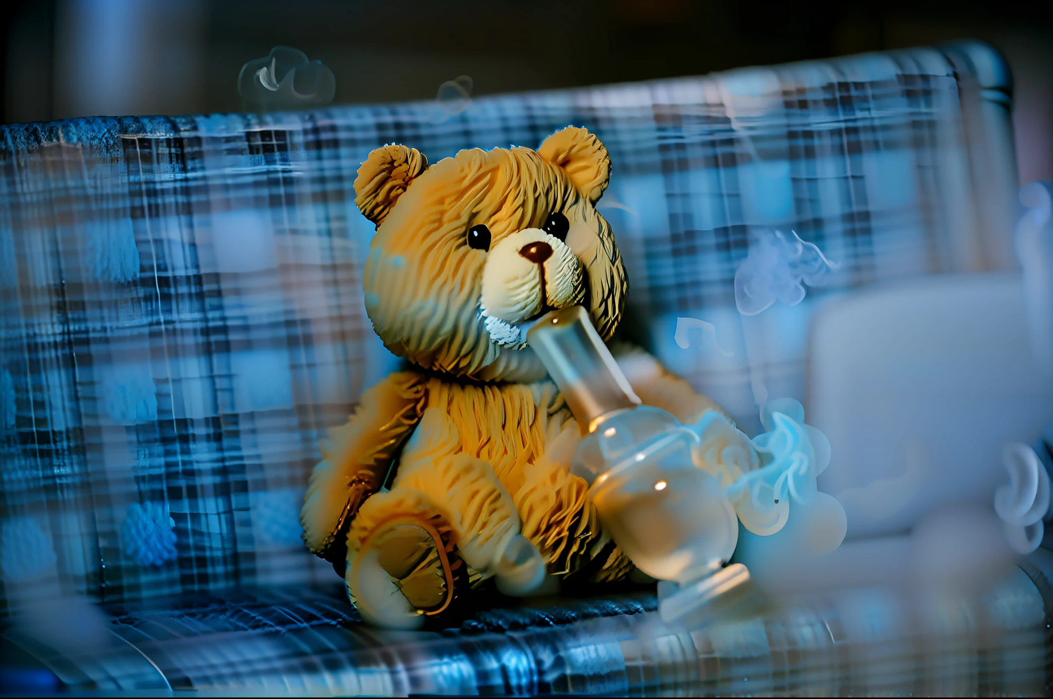 Small teddy bear sitting on blue sofa, soft vinyl, toy photo, teddy bear, toy commercial photo, teddy fresh, toy photo, 1/200 second, taking smoke break, teddy bear has super detailed glass pipe, 1/320, bear brick, stop motion character, stop motion vinyl figure, smoke: 6