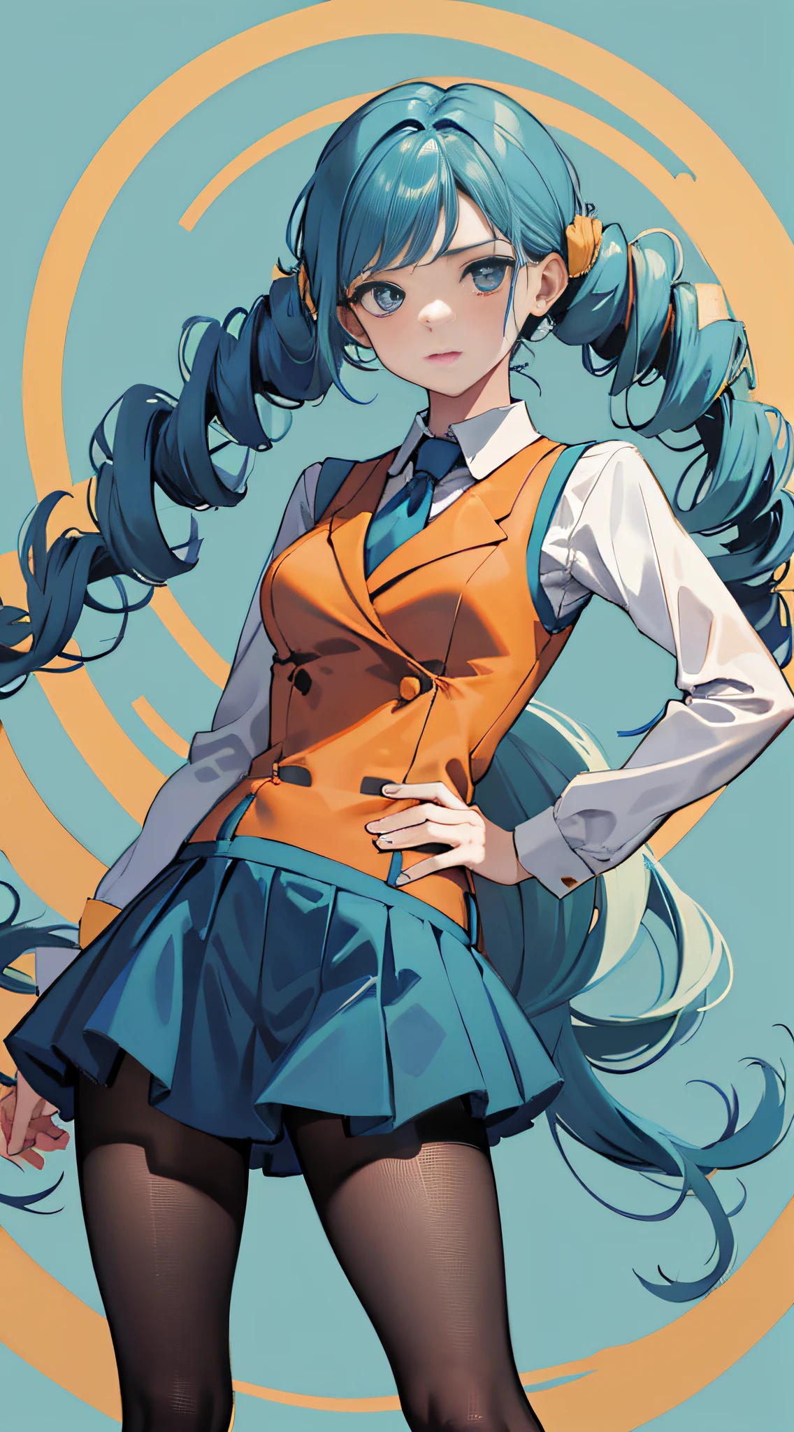 Masterpiece, best quality, absurdres, 1girl, standing, cowboy shot, contrapposto, acebw, Orange vest, long sleeves, blue skirt, pantyhose,