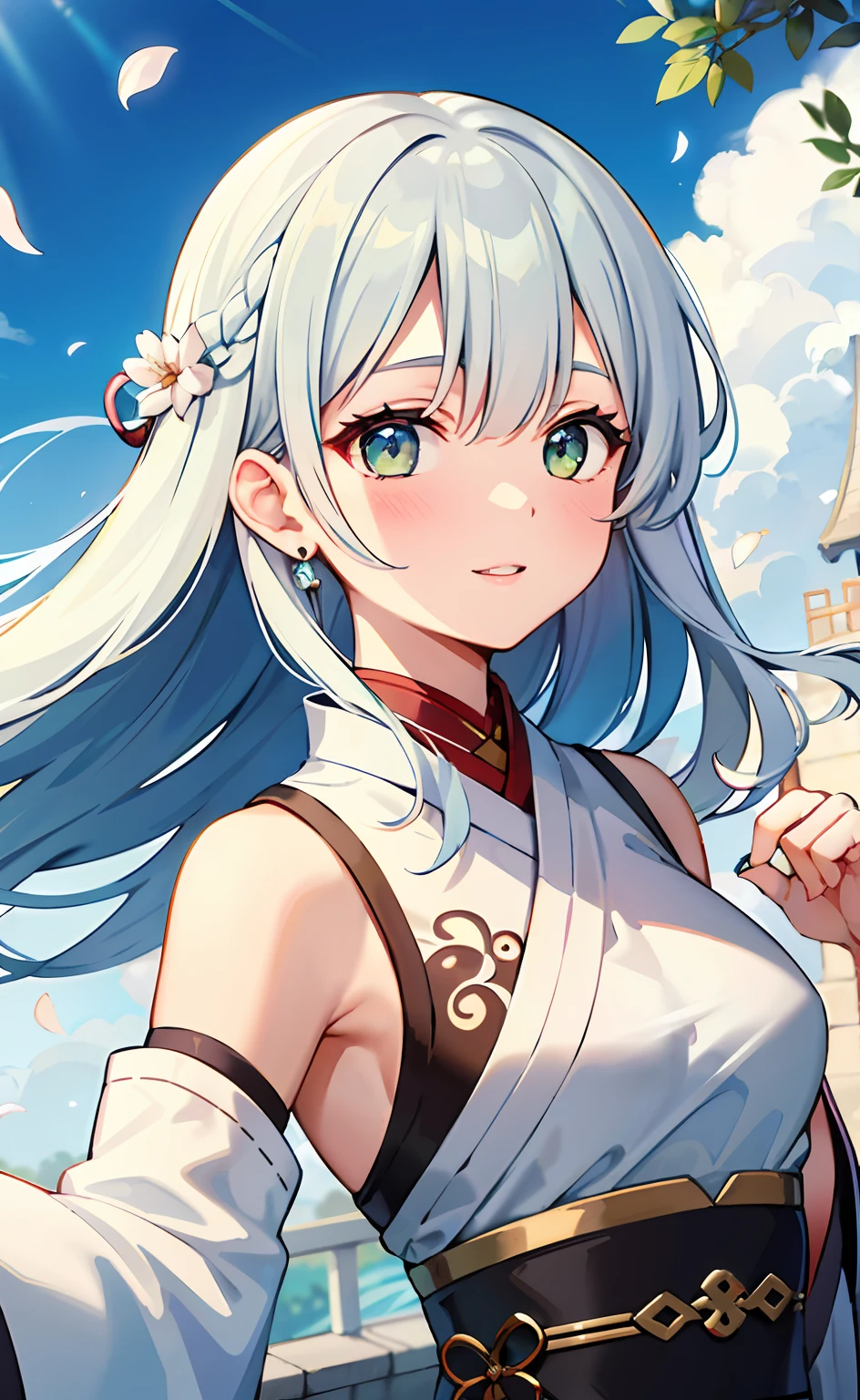 Mature girl , green pupils, blue-white hair color, floating hair, delicate and flexible eyes, intricate damask Hanfu, gorgeous accessories, wearing pearl earrings, fov, f/1.8, masterpiece, ancient Chinese style architecture, blue sky, flower petals flying, front portrait shot, Chang'e, side lighting, sunlight on people, 8K