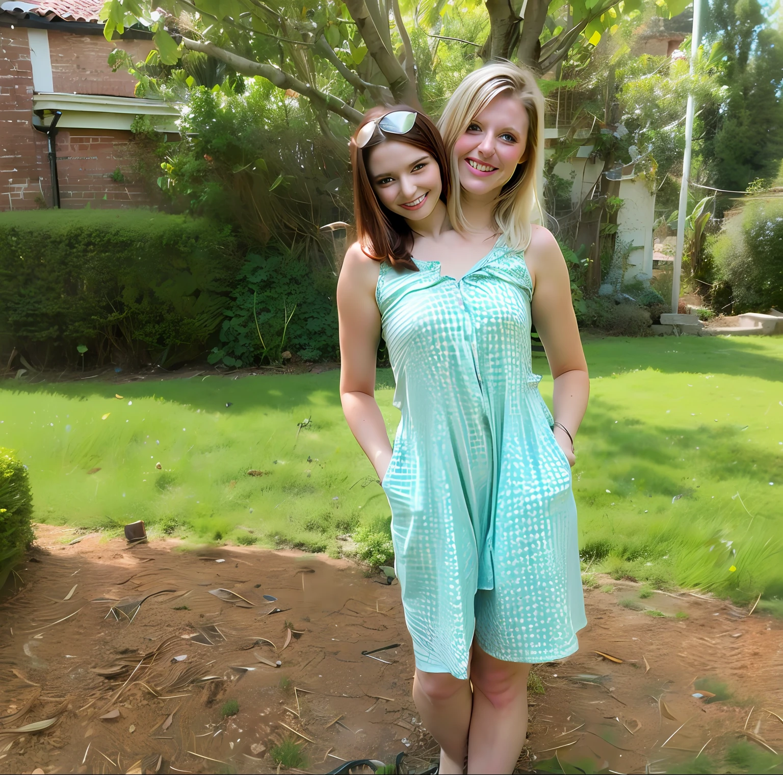 2heads, two headed girl, (one torso:1.5), pale skin, Scottish redhead, teenager, white girls, different ages, (two heads on one body:1.4), (first head uncomfortable:1.5), (second head unhappy:1.5) conjoined twins, heads side by side, one torso, young, uncomfortable, barefoot
