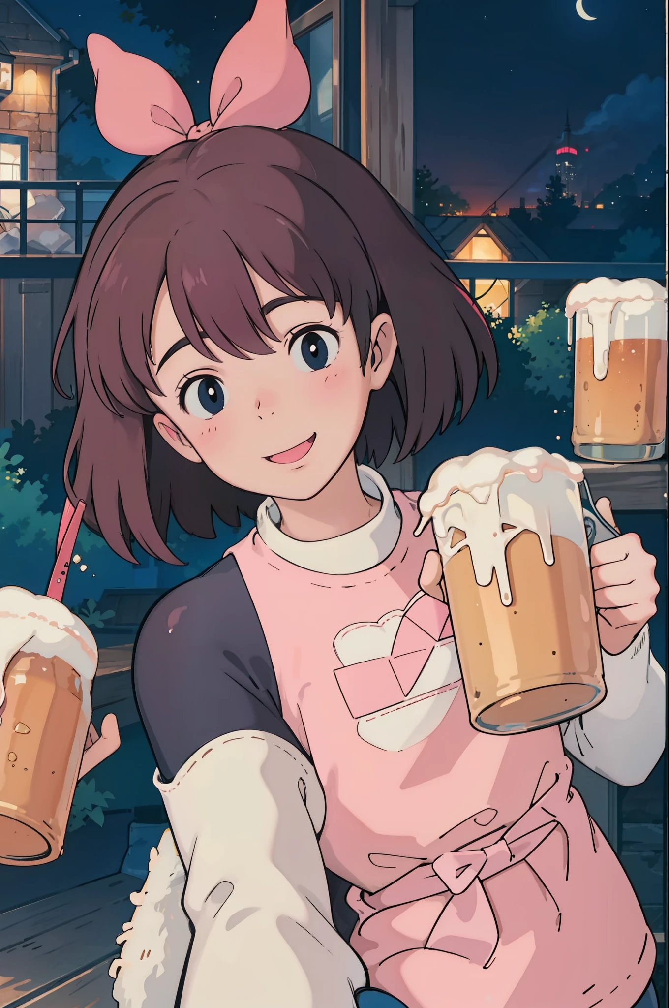 holding beer, pink hair, semi-long, tavern, smile, night, neon