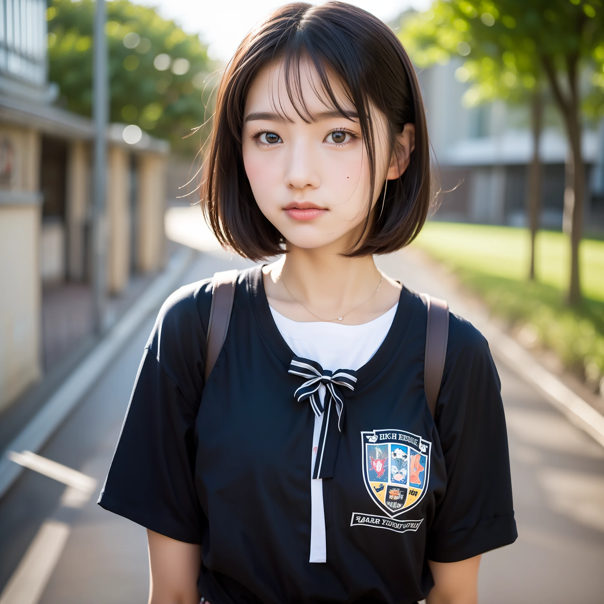 POV, cute high school girl, round face, half beautiful girl, summer clothes cutter shirt, short cut, black hair, face close-up youth, puberty, pale light, schoolyard, no tie, cute little ribbon, natural light, dusk, front, looking at camera