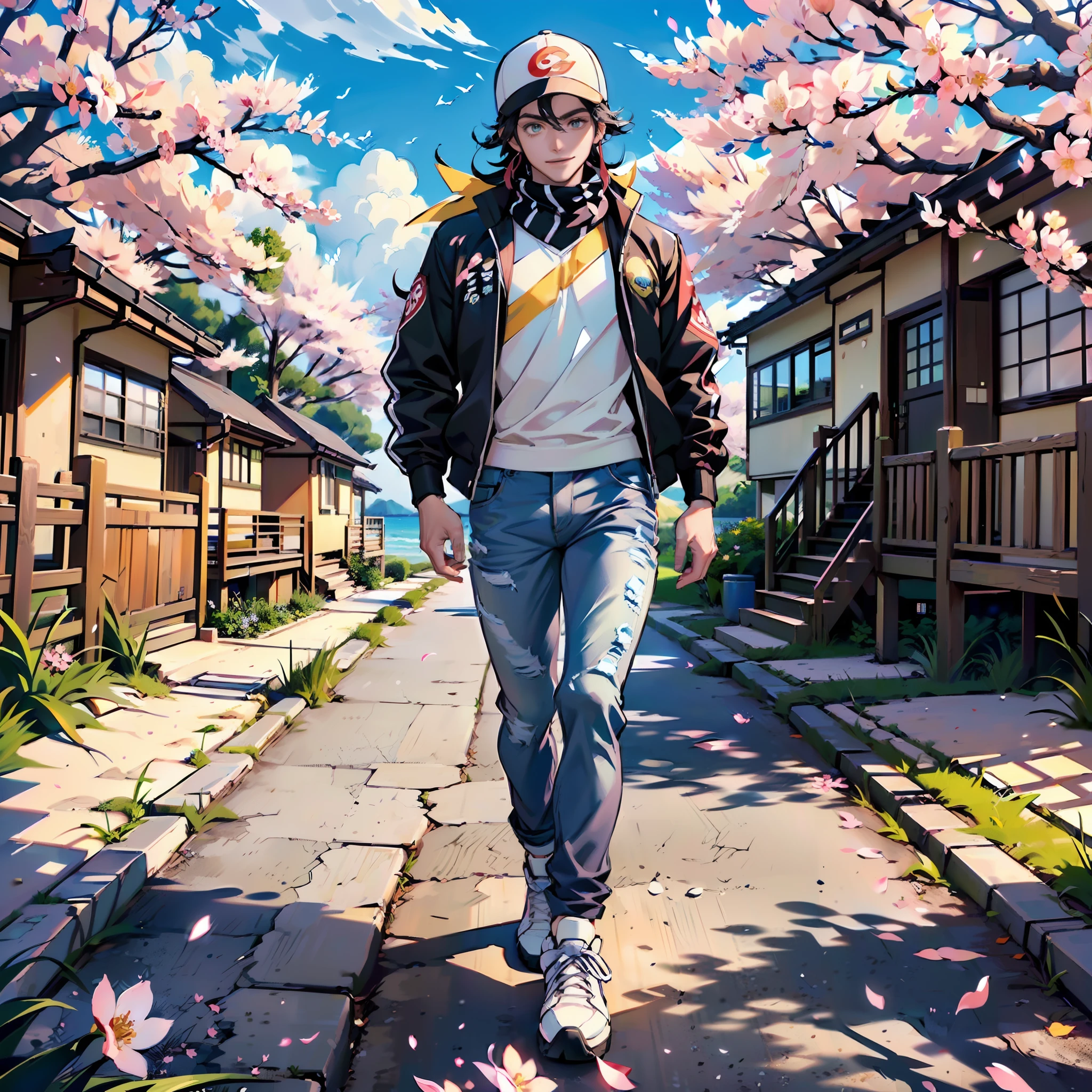 ((Best quality, full HD, 8K, masterpiece):1.2) ((Full body):1) ((man, Pokémon trainer, only one man):1). ((Pokémon Trainer, twenty years old, mature):1), blue jacket with yellow stripes, backwards facing hat, smile, bright eyes, long black pants, jeans, red colored sports shoes, orange scarf, developed body, athletic young man, looking at a beach house. \n ((beautiful scenery, flying sakura flowers, modern beach house, breathtaking landscape, pokémon around, walking towards home):1.2).