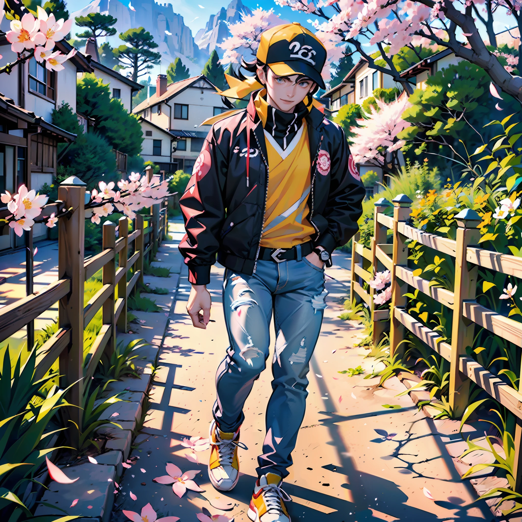 ((Best quality, full HD, 8K, masterpiece):1.2) ((Full body):1) ((man, Pokémon trainer, only one man):1). ((Pokémon Trainer, twenty years old, mature):1), blue jacket with yellow stripes, backwards facing hat, smile, bright eyes, long black pants, jeans, red colored sports shoes, orange scarf, developed body, athletic young man, looking at a beach house. \n ((beautiful scenery, flying sakura flowers, modern beach house, breathtaking landscape, pokémon around, walking towards home):1.2).