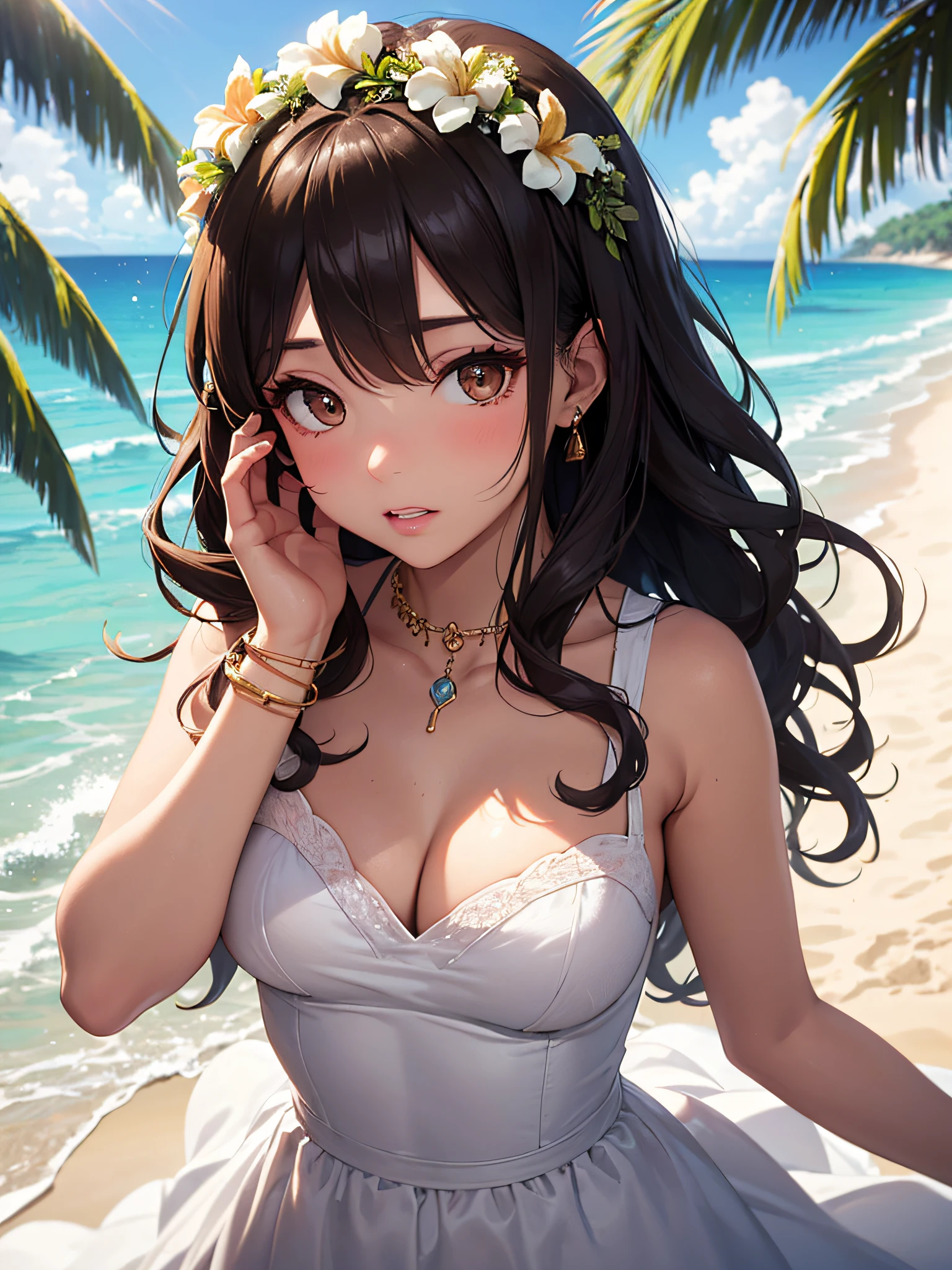 (masterpiece), (portrait), (aesthetic), (beautiful), (upper blody), (high quality), (aesthetic clothings), (professional angle), (rule of thirds), (Feminine), (woman), (female), (beautiful),(feminine features), (21 years), solo, 1 woman, (attractive Chilean), Summer, (Sunny Beach), (Afternoon), (Golden light), ((Beach Bride)), (Holding a Bouquet Hands), ((Looking Down Face)), ((Joyful)), (Soft Make-up), (Ample Bust), (Flower Crown, Anklet), ((Long Hair)), (Brown Hair), (Wavy Hair), (Loose Waves hair), (- in Hair), (Wide Open Eyes), (Brown Eyes), (Bohemian Look), Tan skin, (high quality Clothing), (Flowy Beach Dress), (wedding dress), (Flowing Skirt ), (Sweetheart Neck Neckline), ((Tropical Beach background)), (Wide Shot Shot), beautiful hands, two hands, normal hands, two arms, complete hands, beautiful body, beautiful fingers, normal fingers, five fingers, five fingers, beautiful ears, normal ears, beautiful eyes, shiny eyes, beautiful mouth, beautiful lips,