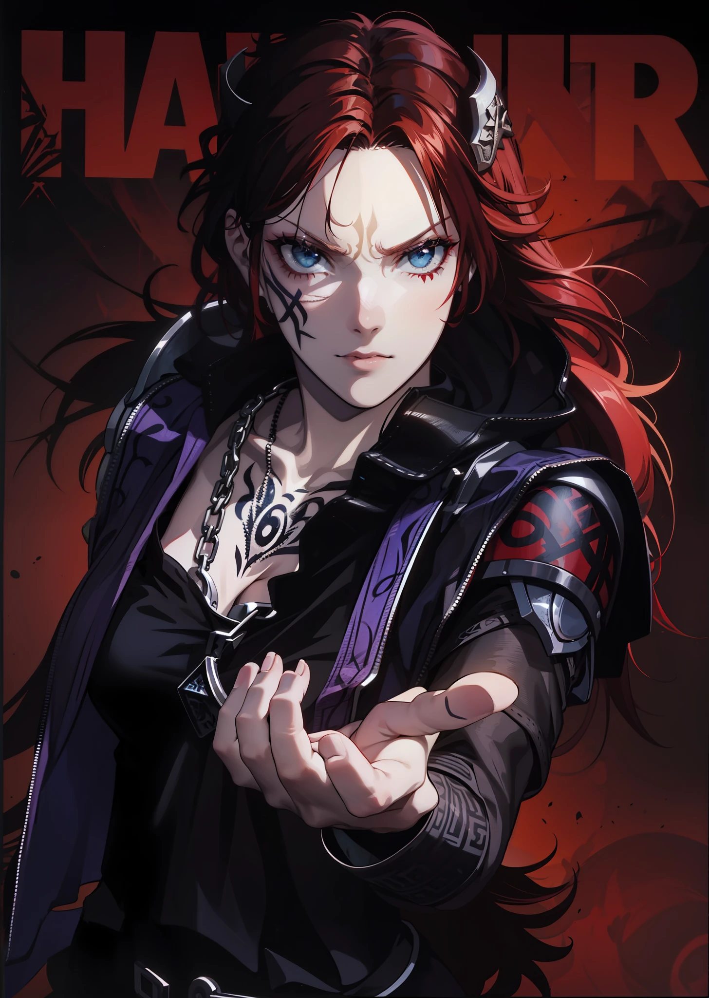 Boadicea, red-haired Viking warrior in gothic armor and 4k face rune tattoos