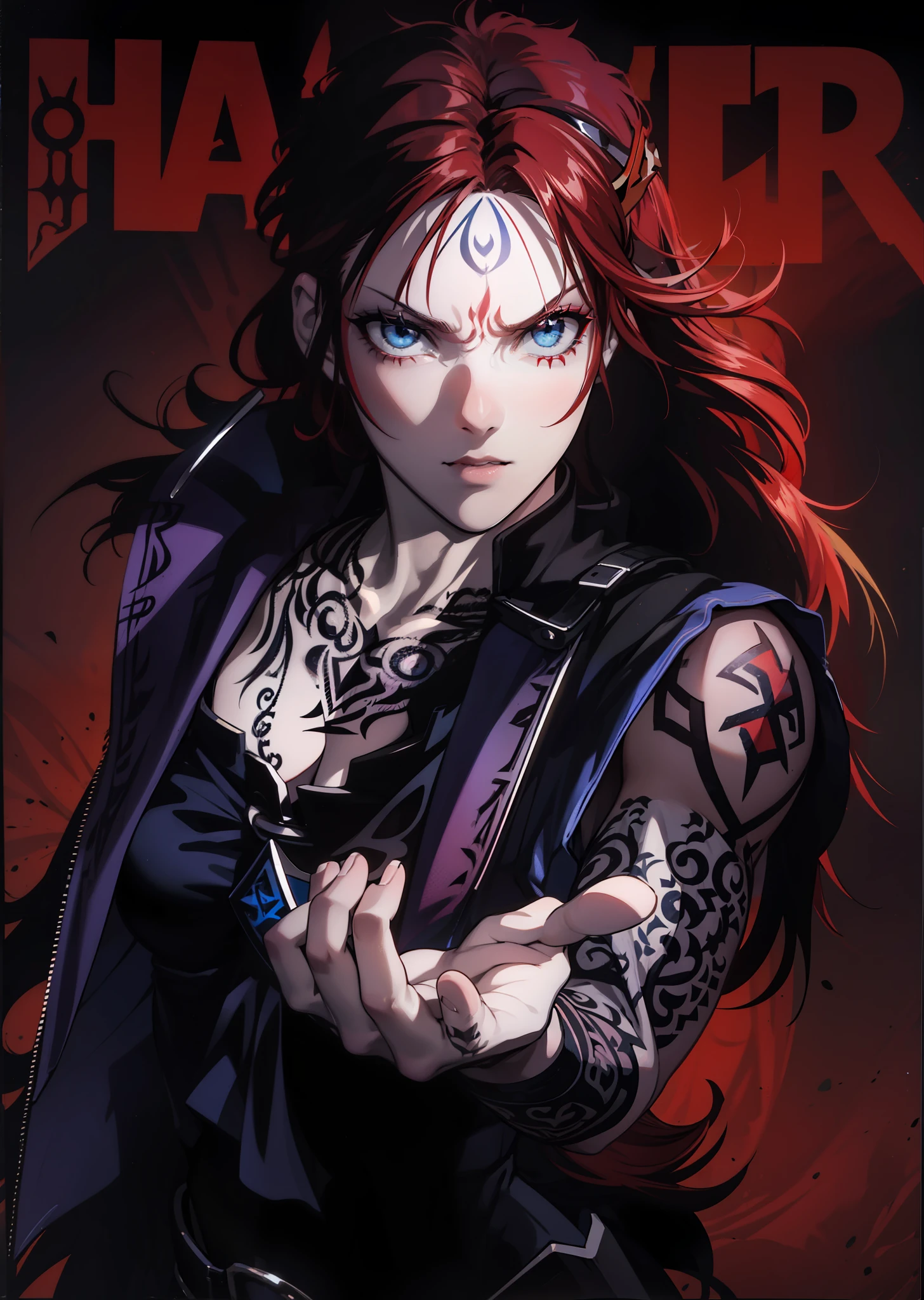Boadicea, red-haired Viking warrior in gothic armor and 4k face rune tattoos
