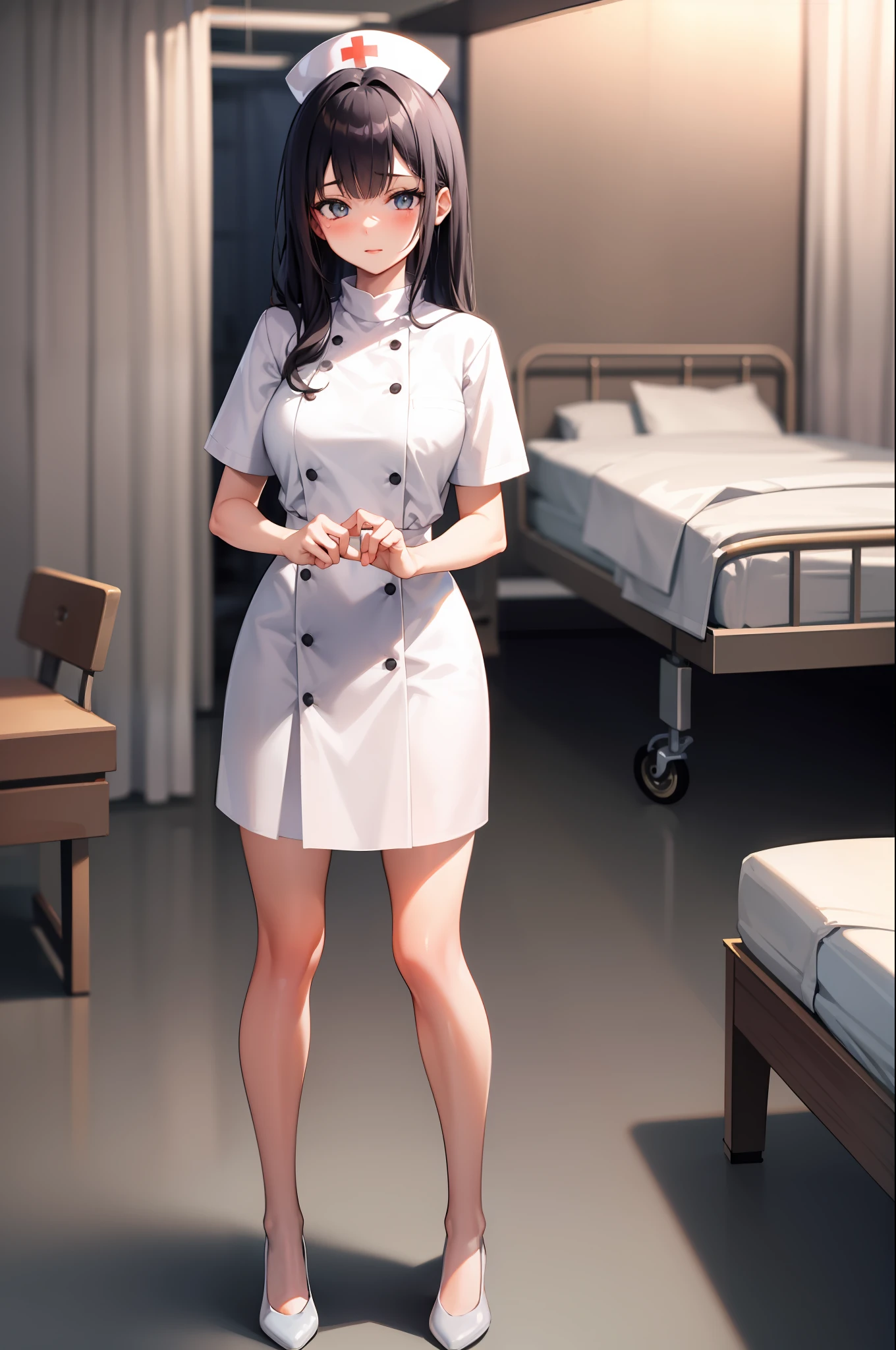 Infirmary, curtains, 1girl, full body, nurse, white dress, masterpiece, best quality, very detailed