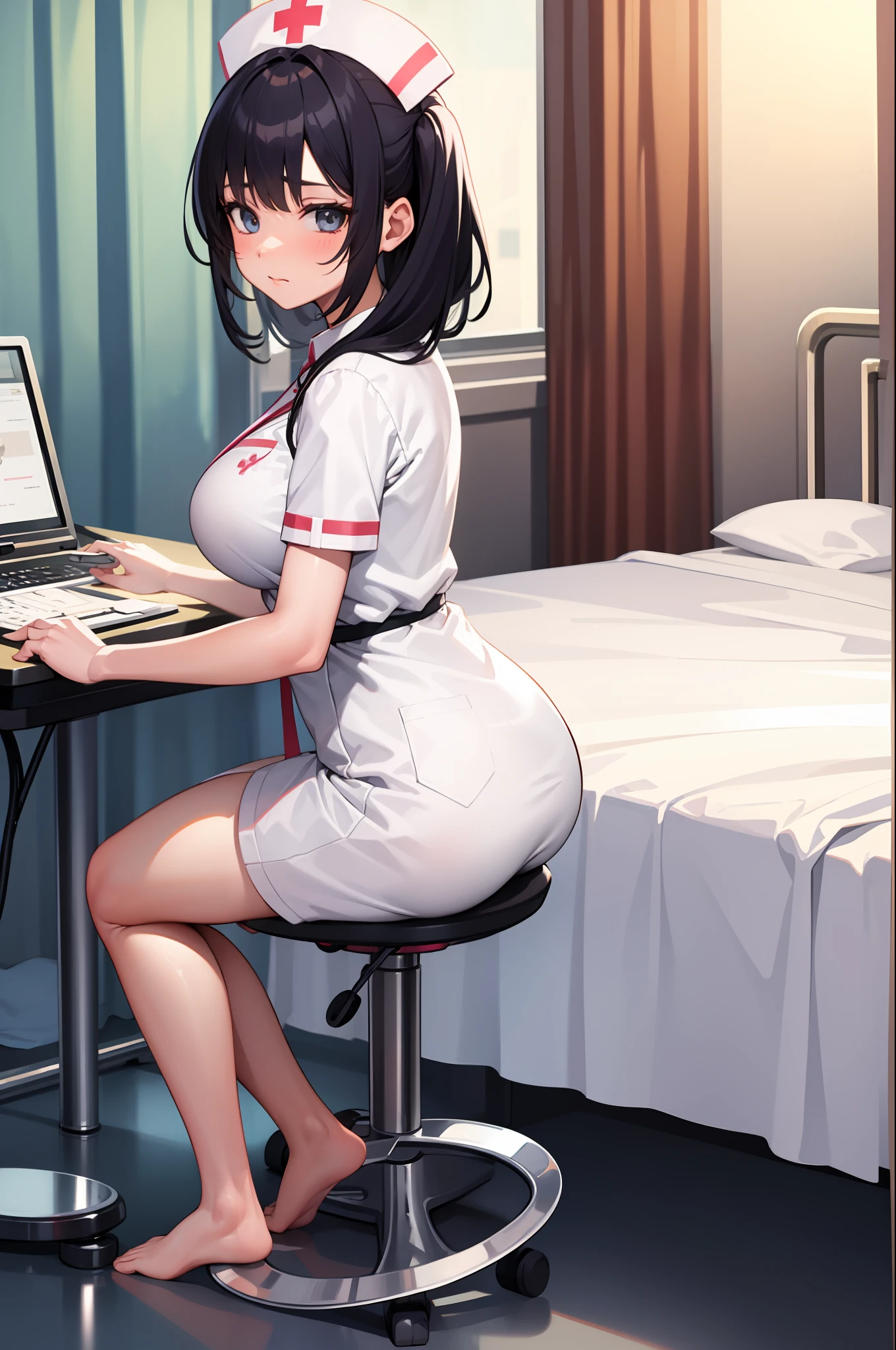 Infirmary, curtains, 1girl, full body, nurse, white dress, masterpiece, best quality, very detailed