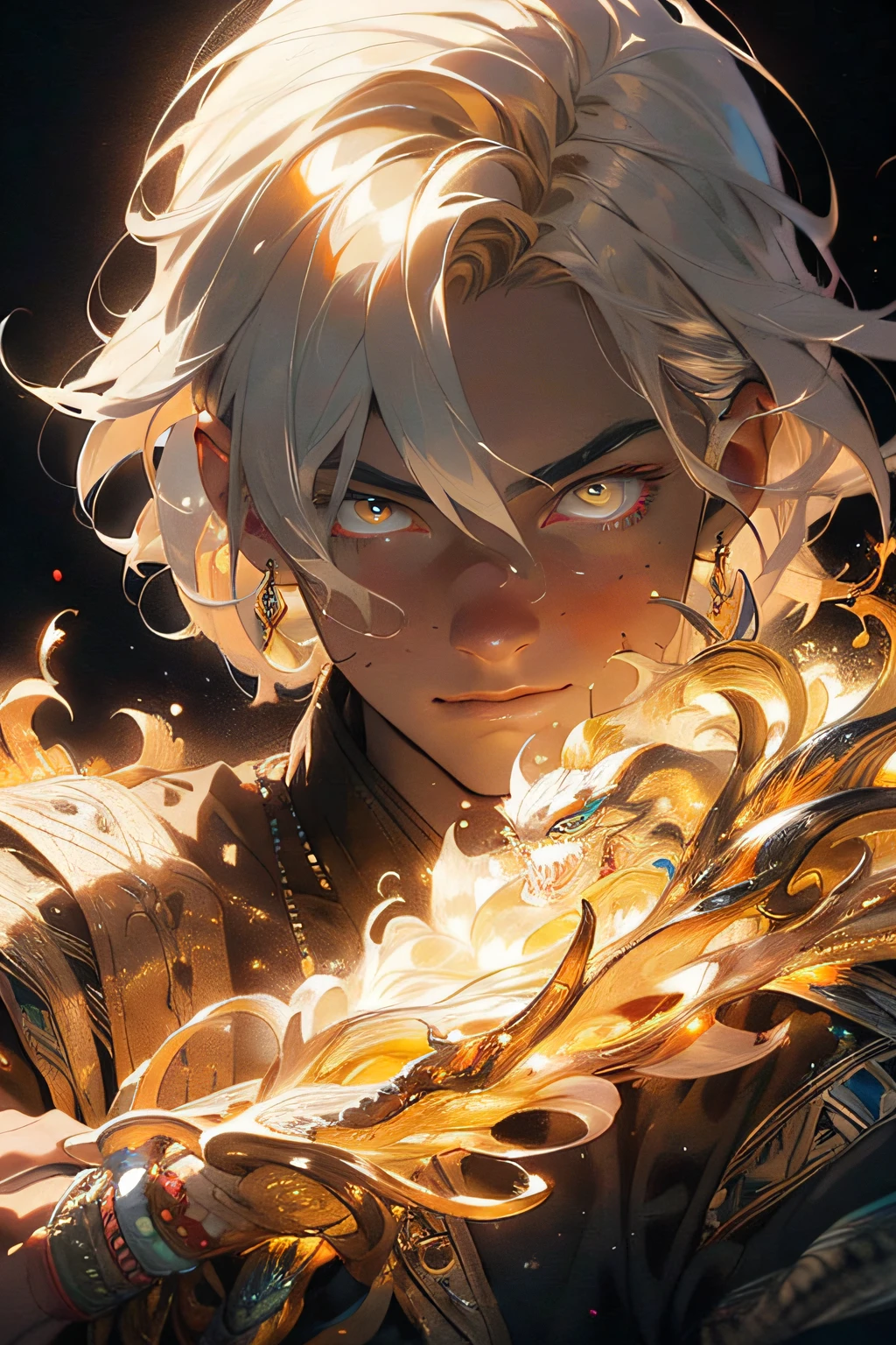 Realistic, (Masterpiece, Superior Quality, Best Quality, Official Art, Beauty and Aesthetics: 1.2), Very Detailed, Fractal Art, Colorful, More Detailed, Zentangle, (Abstract Background: 1.5) (1adult: 1.3), God, Golden Hair, Short Hair, (Bright Yellow Eyes), Mysterious, (Magic), Ice, Beautiful Man, Egyptian Style