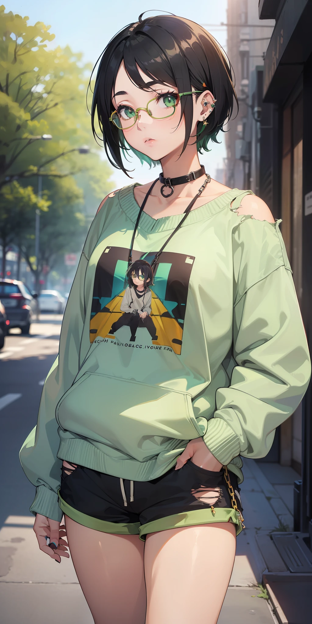 ((masterpiece)), ((best quality)), ((anime profile style)), 20 year old girl, ((light green eyes)), ((perfect)), ((glasses)), eyebrow , nose, ear, ((ear piercing)), mouth, ((short black hair messing up)), neck, shoulders, arms, ((sweatshirt)), ((torn short shorts)), ((sock pants)) , (neck chain), background scenery