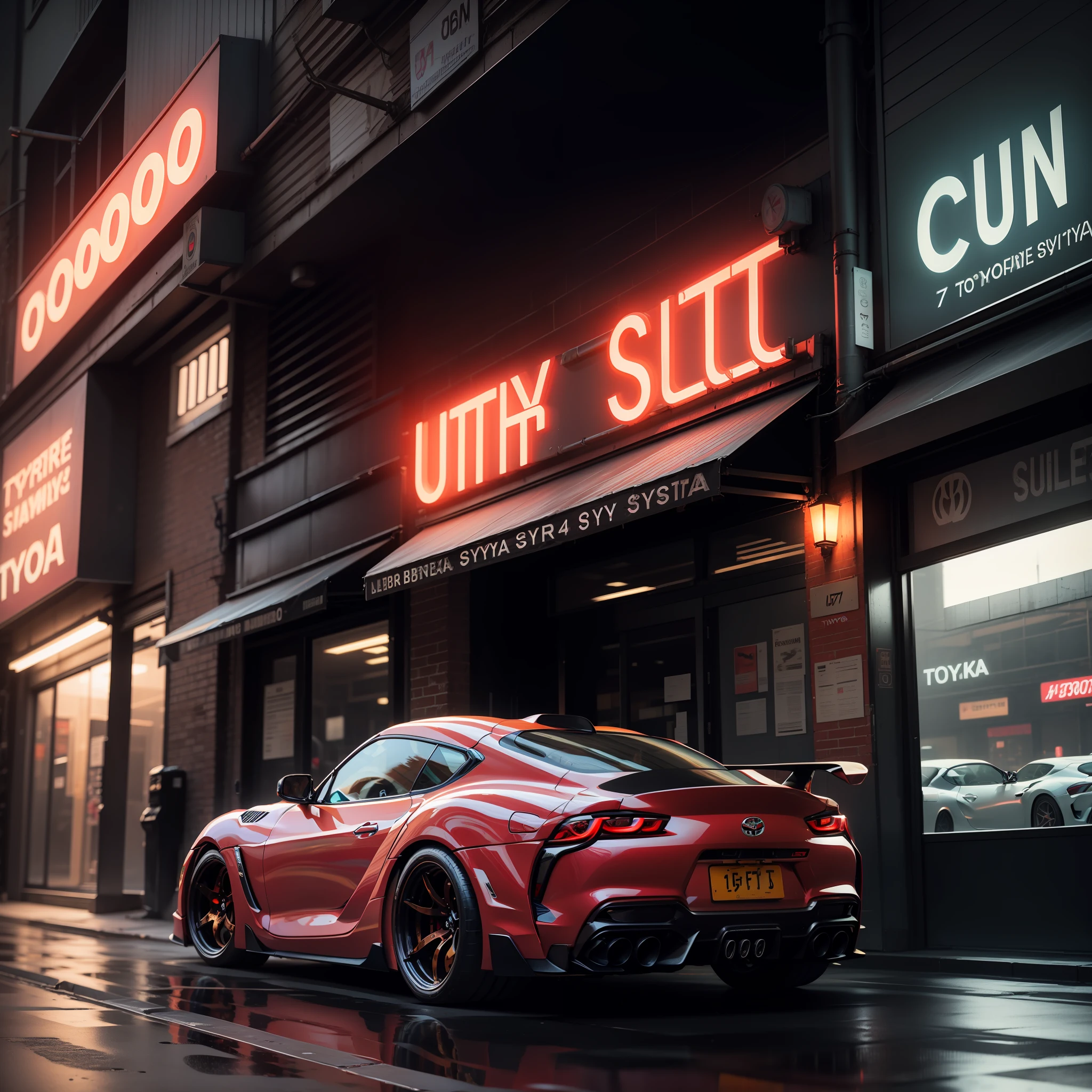 Toyota Supra mk4 car in ultra syberpunk street unreal neon lighting; full HDR;8k;unreal background and sky