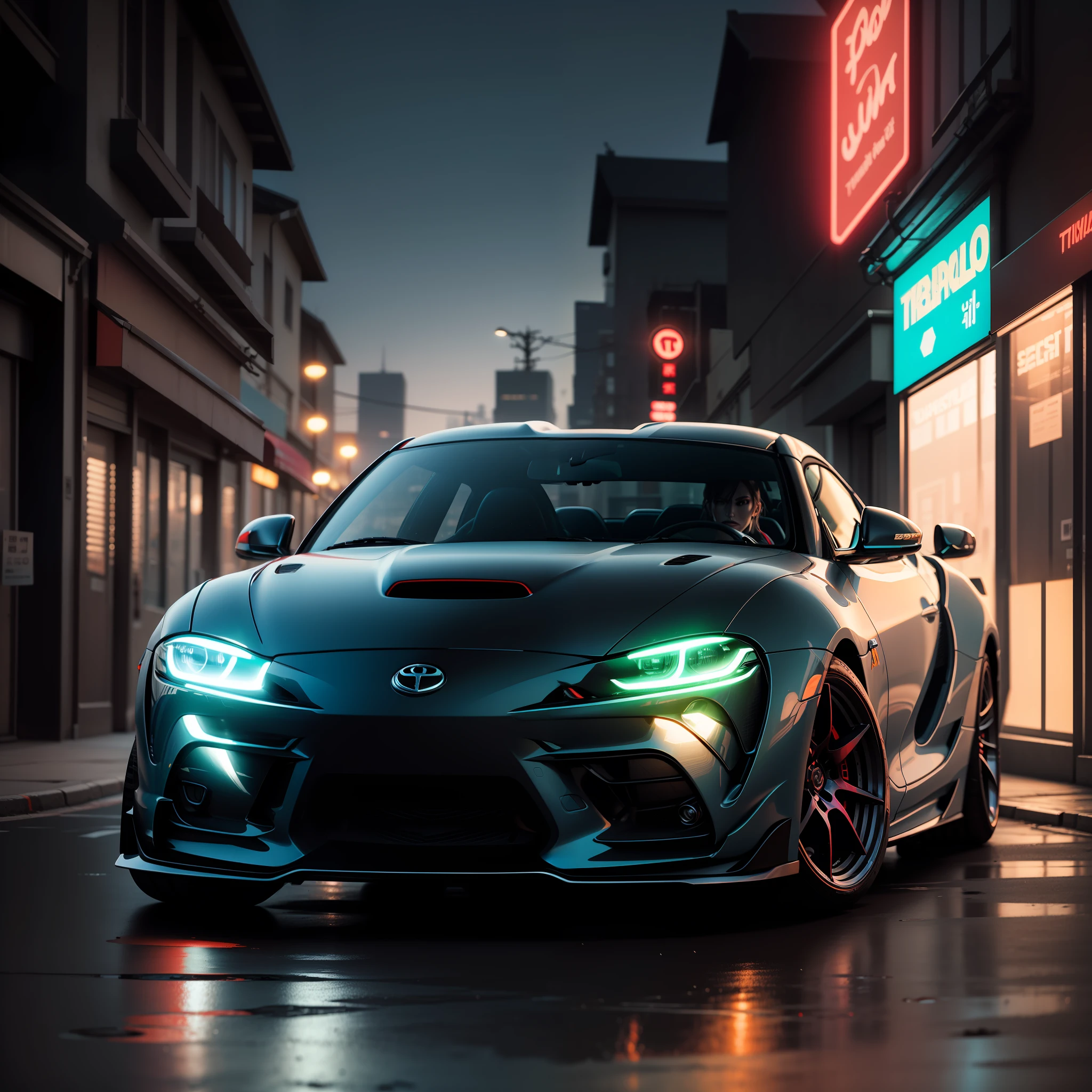 Toyota Supra mk4 car in ultra syberpunk street unreal neon lighting; full HDR;8k;unreal background and sky