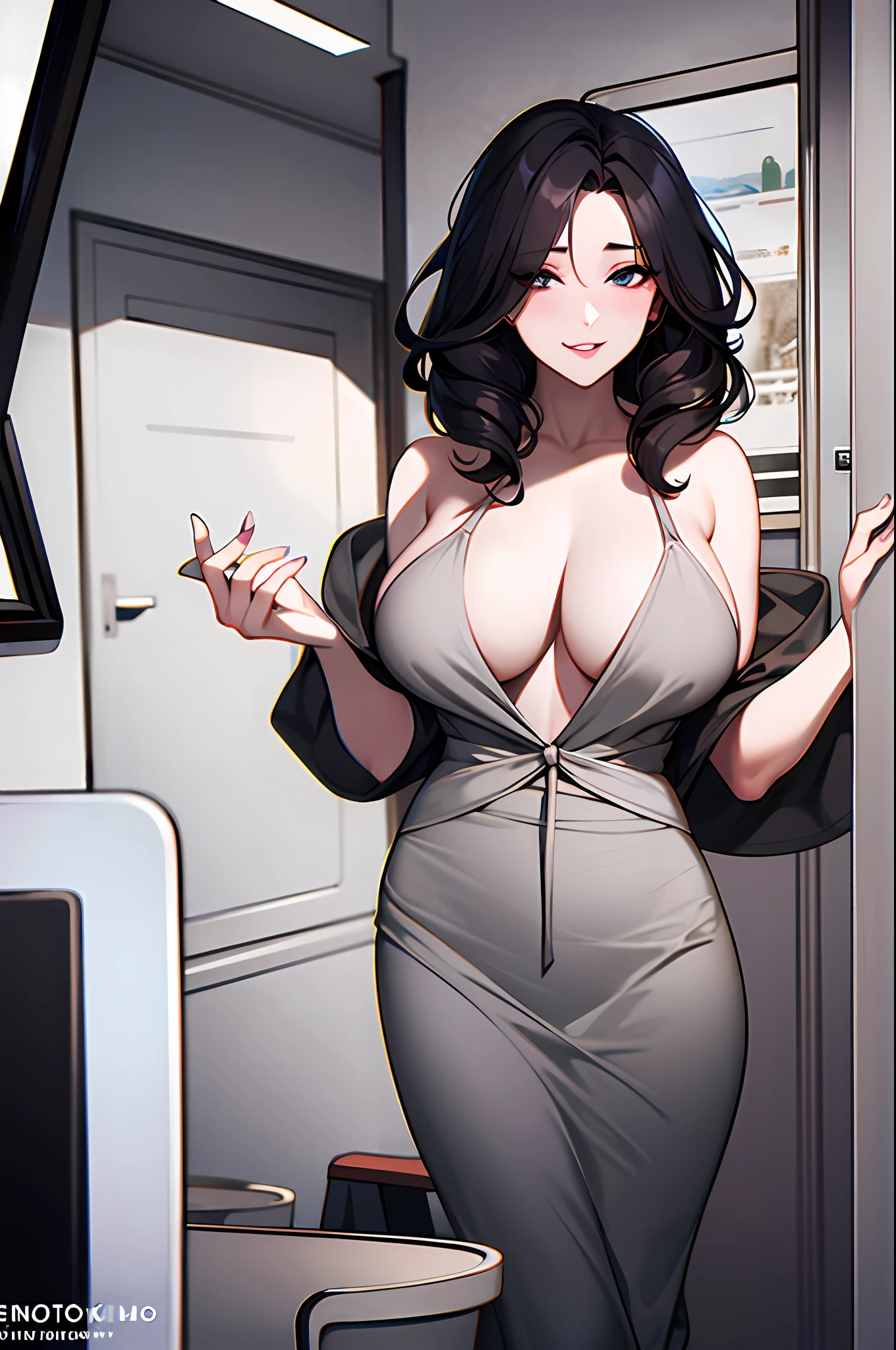 Mature, beautiful, curly, big breasts, open chest, teacher